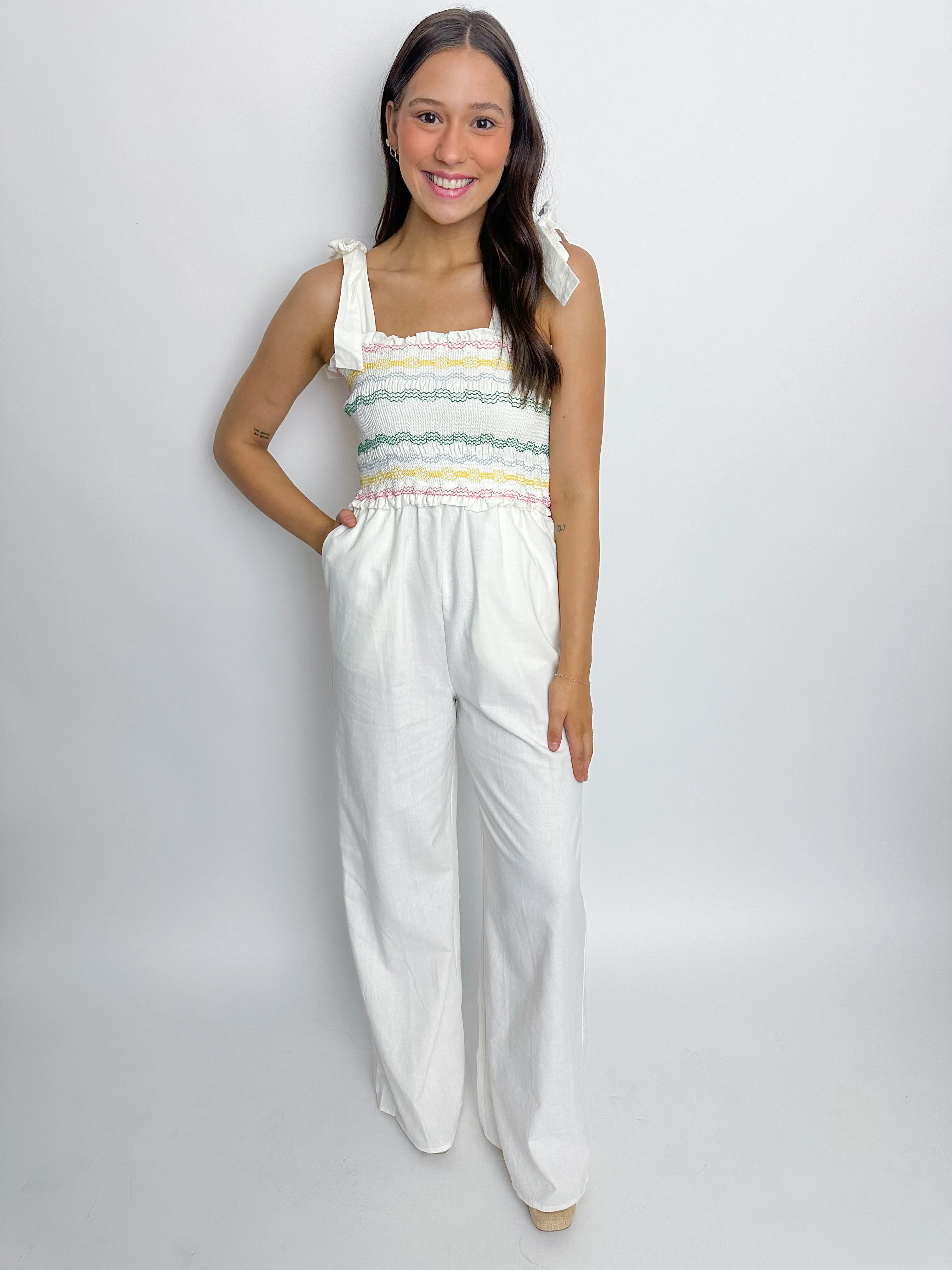 Riley Rainbow Smock Top Jumpsuit sold by Mimosa