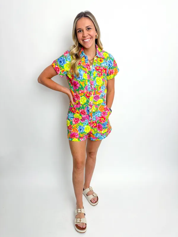 Cannon Romper Bright Floral Soiree Denim sold by Mimosa