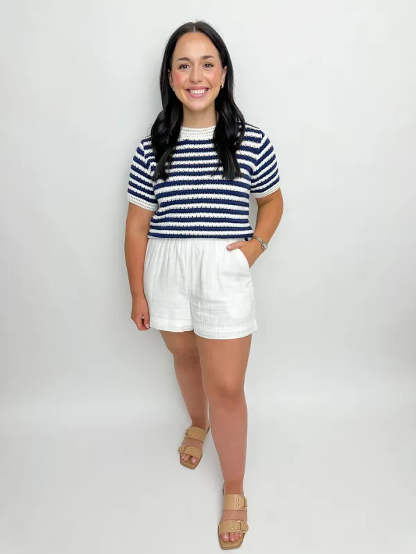 Ava Striped Crochet Knit Top made by Pinch