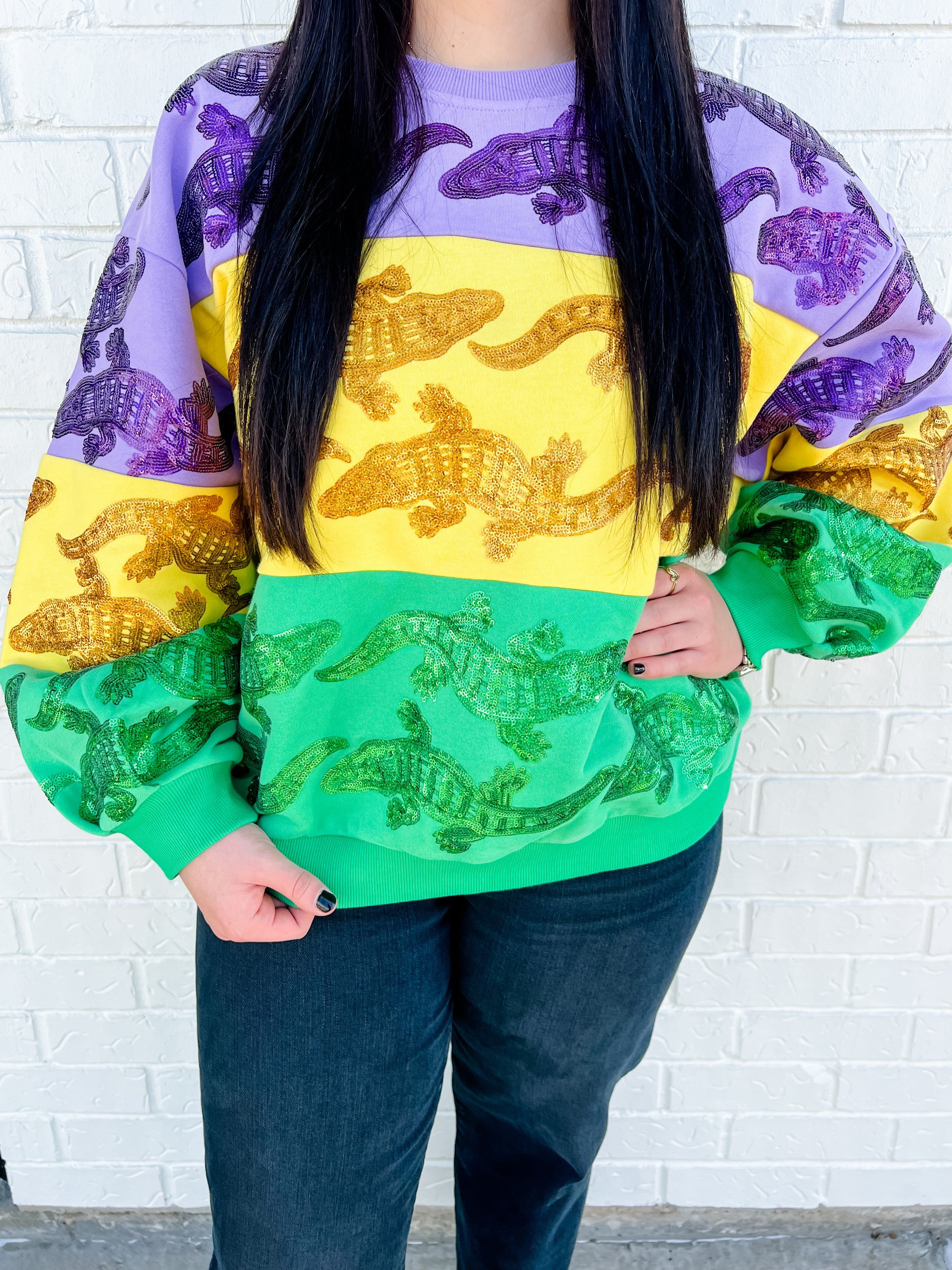 Mardi Gras Gator Stripe Sweatshirt sold by Mimosa product image thumbnail 3