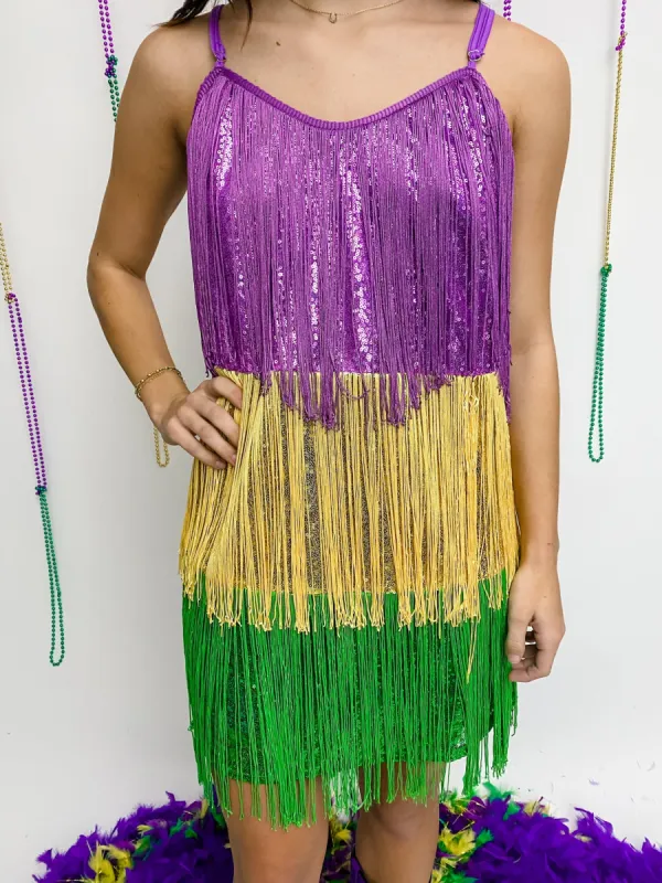 Mardi Gras Sequin Fringe Mini Dress sold by Mimosa