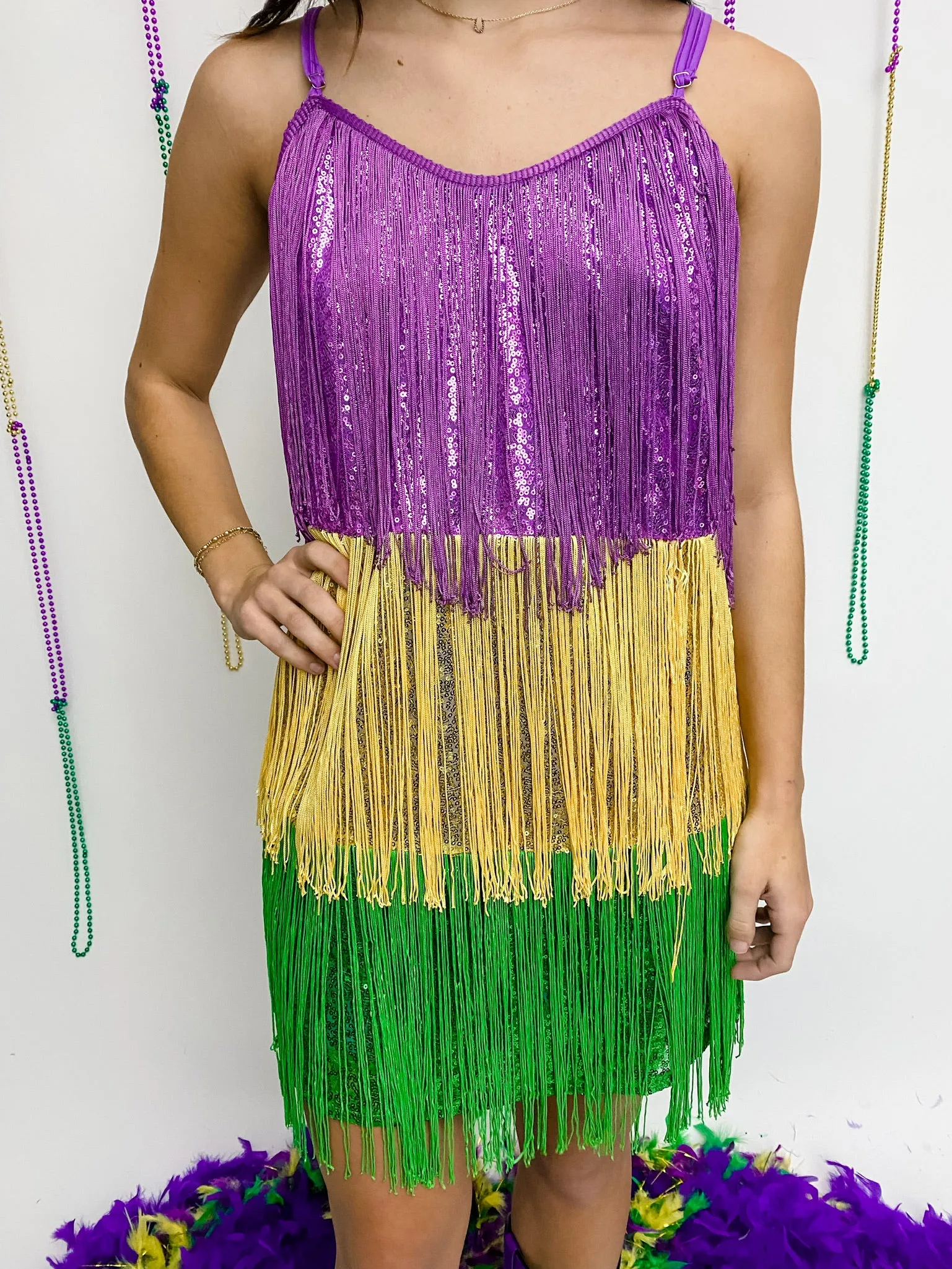 Mardi Gras Sequin Fringe Mini Dress sold by Mimosa
