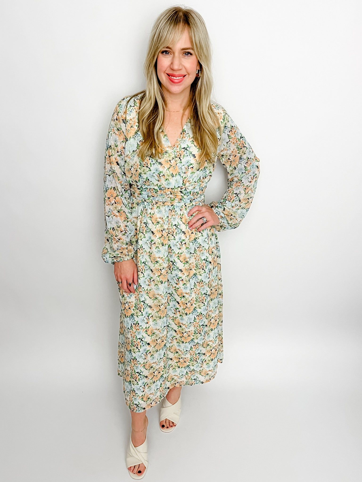 Green Thumbs Vneck Gathered Midi Dress sold by Mimosa