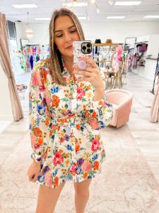 Carrie Collared Dress Ivory Botanical Floral sold by Mimosa