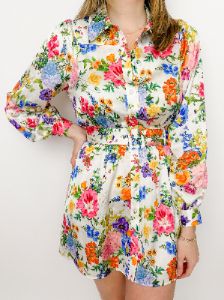 Carrie Collared Dress Ivory Botanical Floral sold by Mimosa