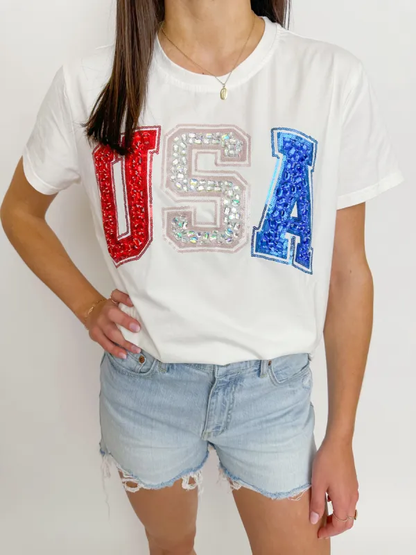 Beaded USA Tee sold by Mimosa