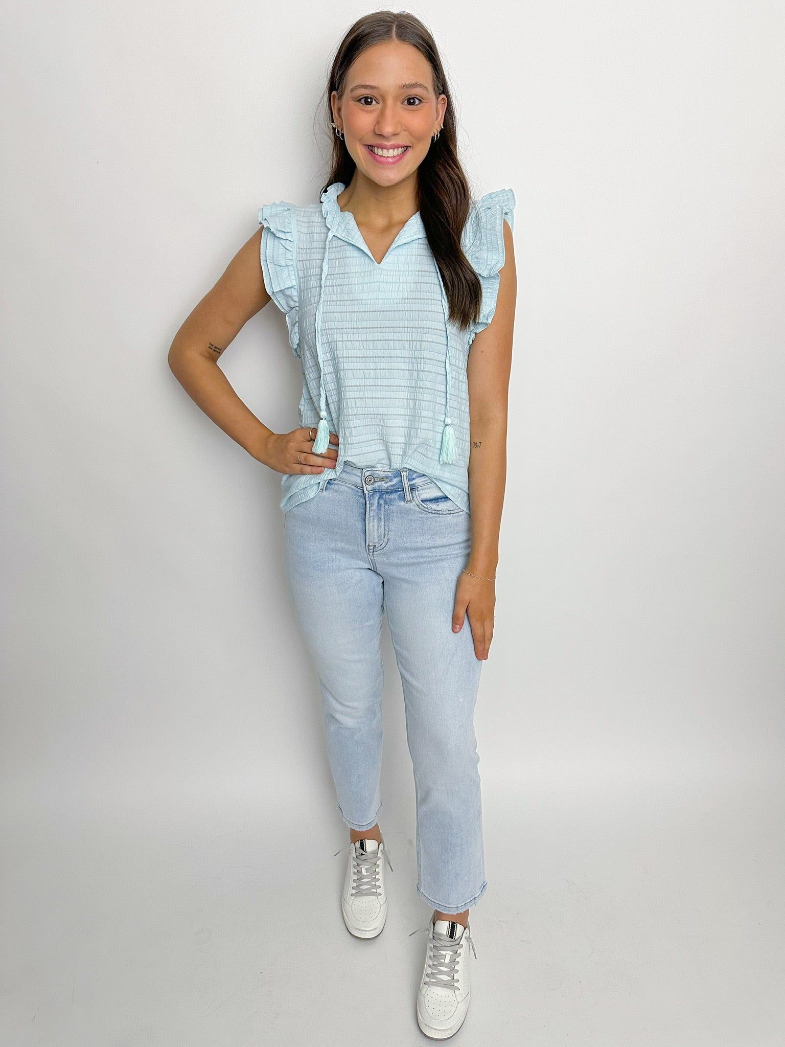 Misty Textured Flutter Sleeve Top sold by Mimosa