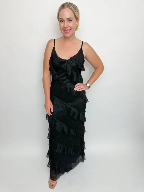 Laine Metallic Waterfall Tiered Maxi Dress sold by Mimosa
