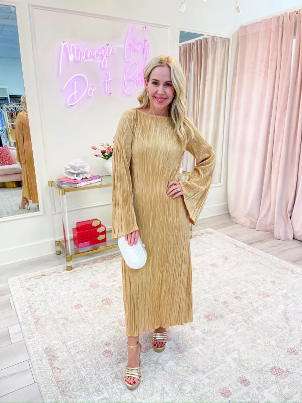 Sarah Midi Dress Gold Pleat sold by Mimosa