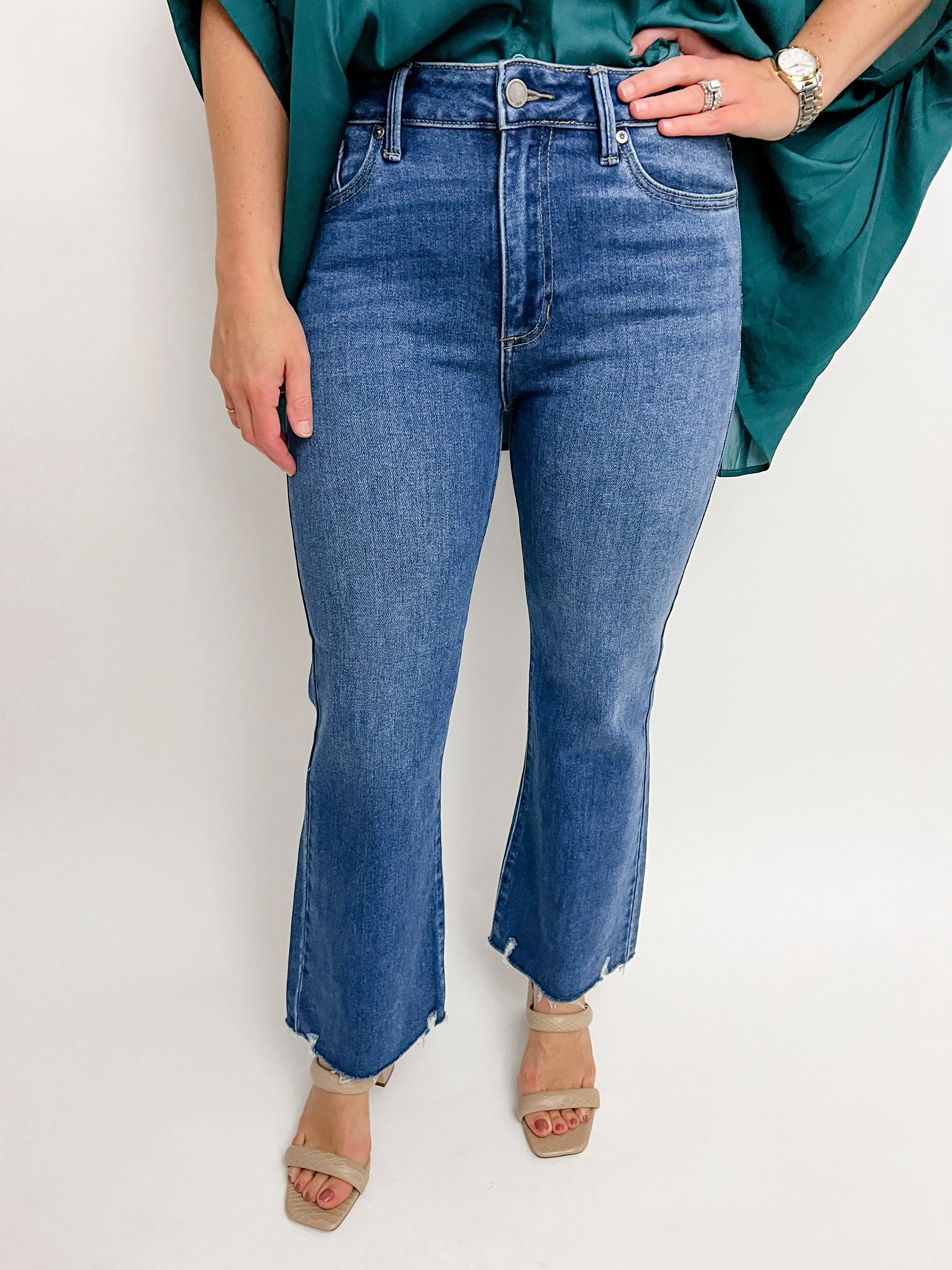 JBD High Rise Crop Flare w/ Distressed Hem sold by Mimosa