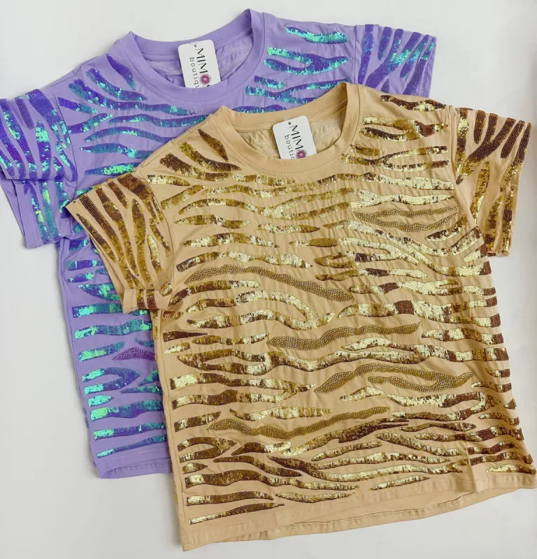 Seed Bead & Sequin Tiger Stripe Tee Lavender made by Mimosa