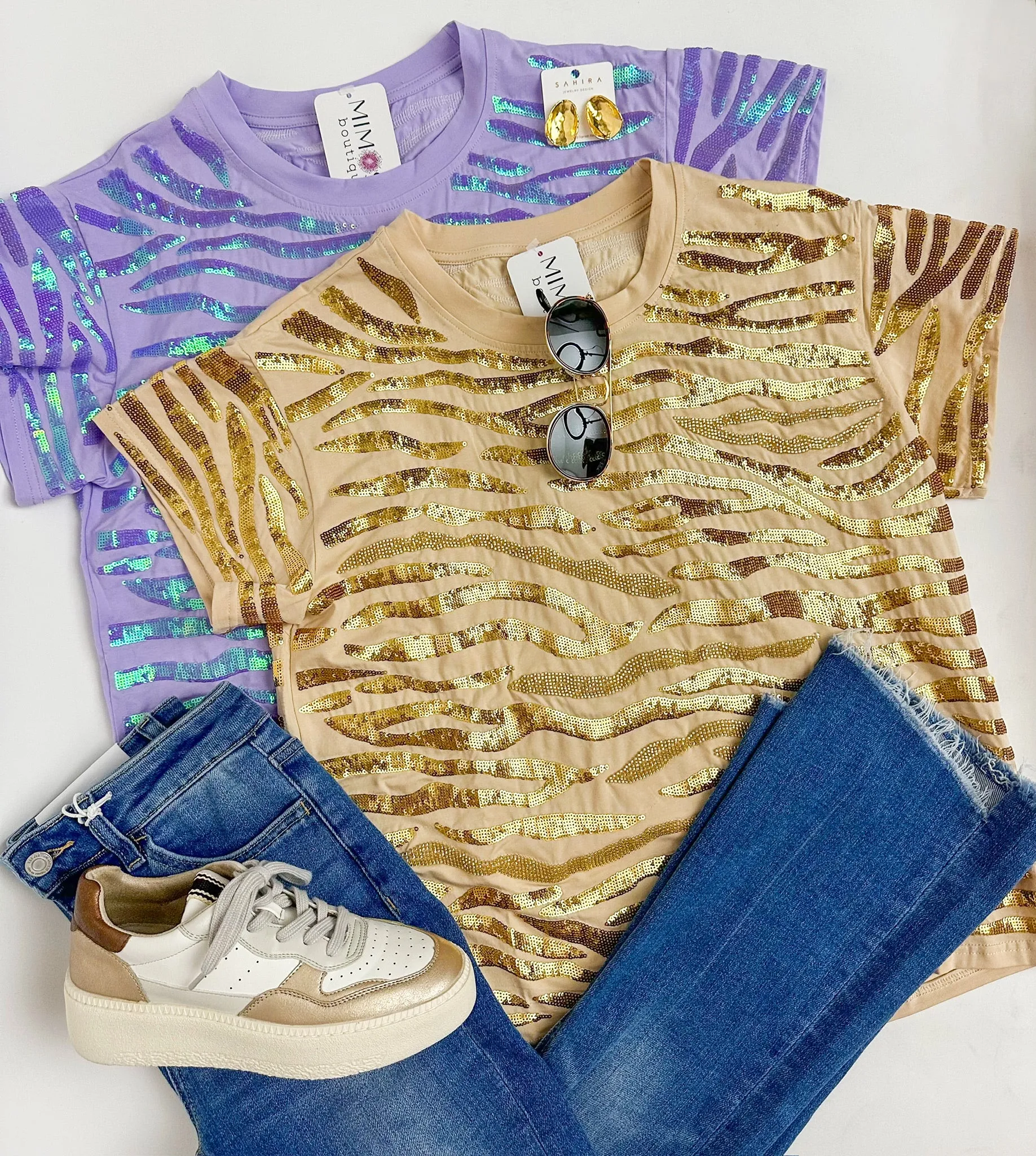 Seed Bead & Sequin Tiger Stripe Tee Beige sold by Mimosa product image thumbnail 2