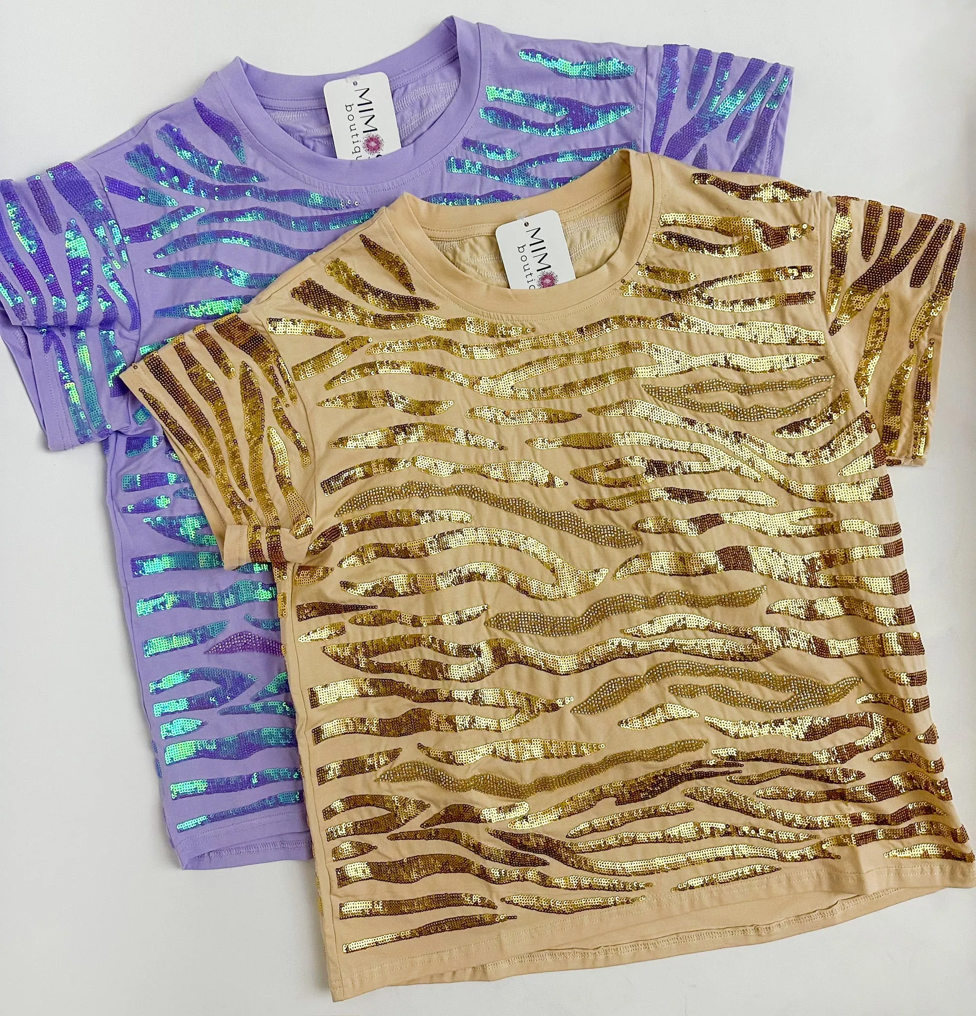 Seed Bead & Sequin Tiger Stripe Tee Beige sold by Mimosa