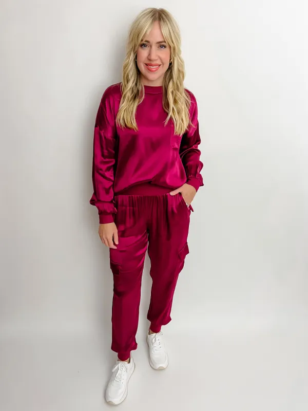 Satin Ribbed Trim LS Top sold by Mimosa