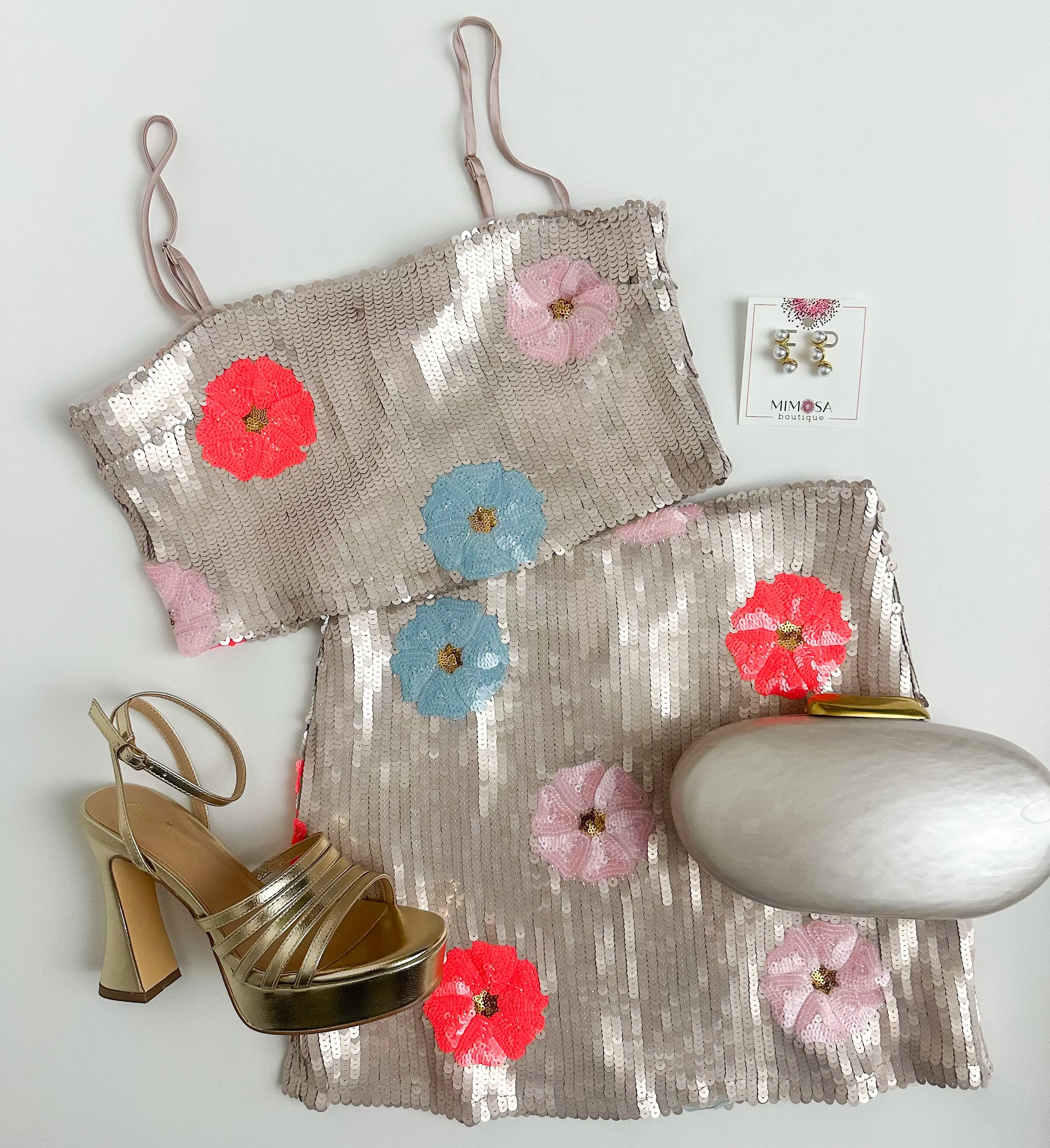 Afterglow Sequin Floral Tank & Skirt Set sold by Mimosa