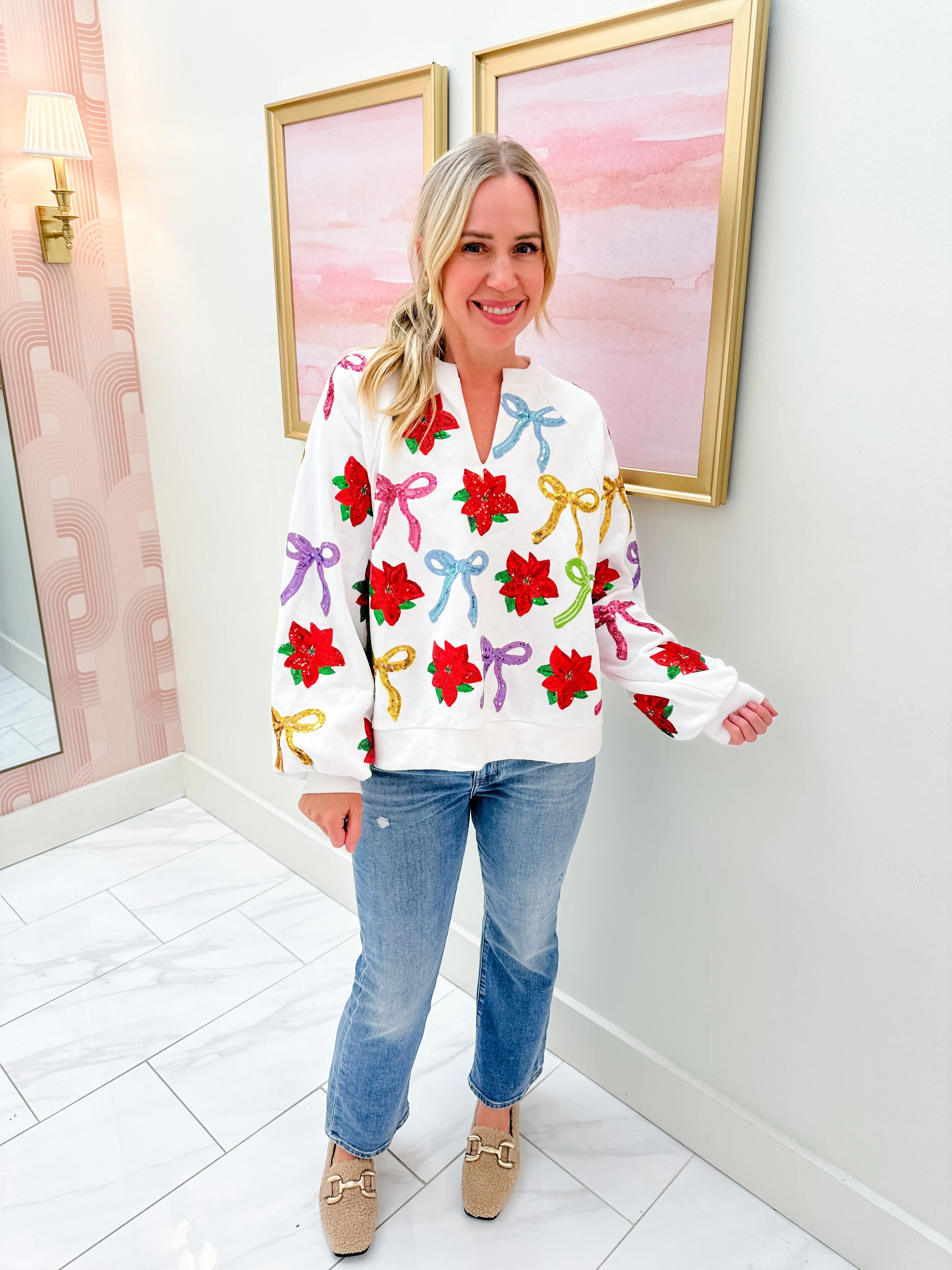 Sequin Bows & Poinsettia Sweatshirt sold by Mimosa