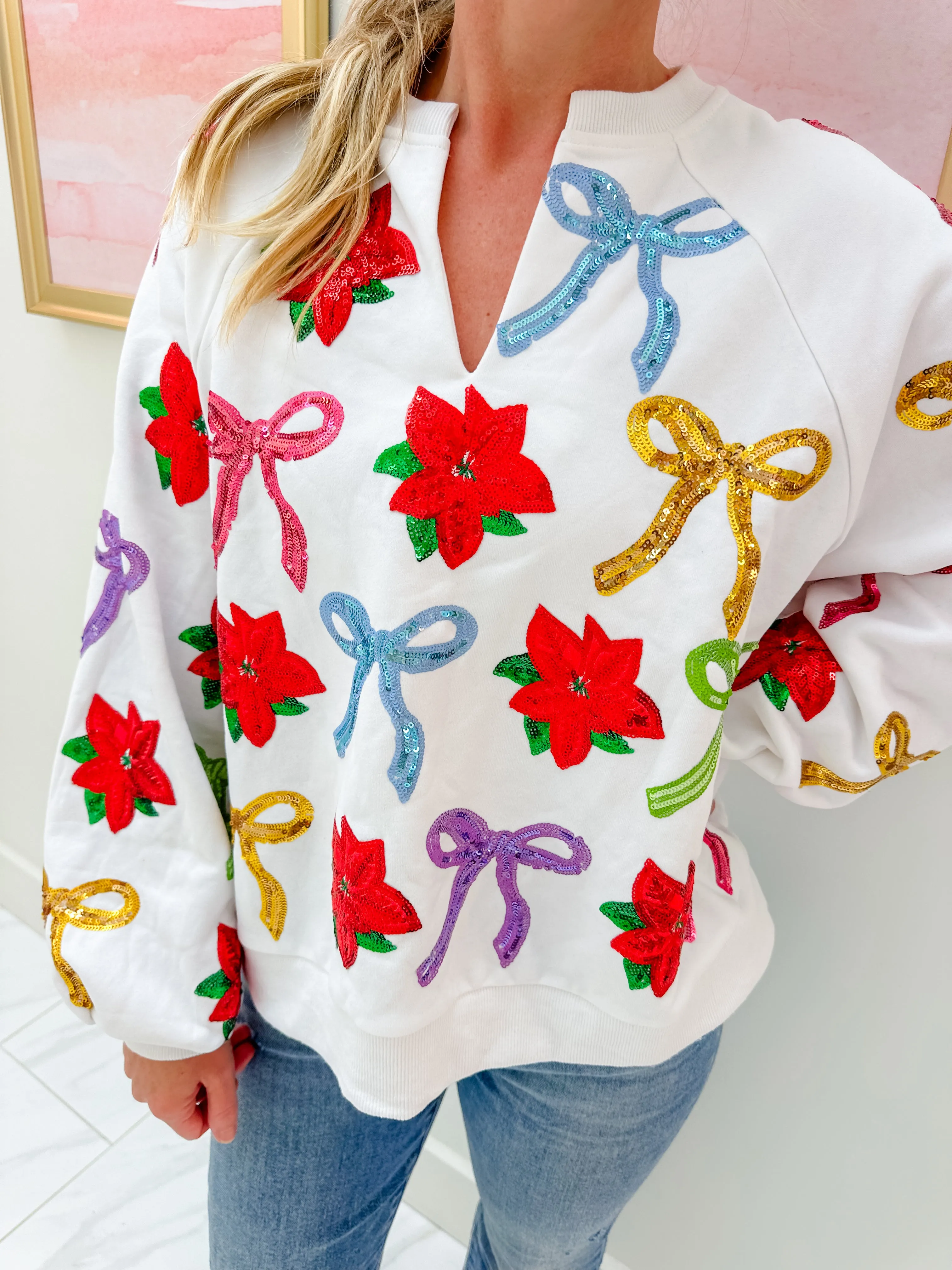 Sequin Bows & Poinsettia Sweatshirt sold by Mimosa product image thumbnail 2