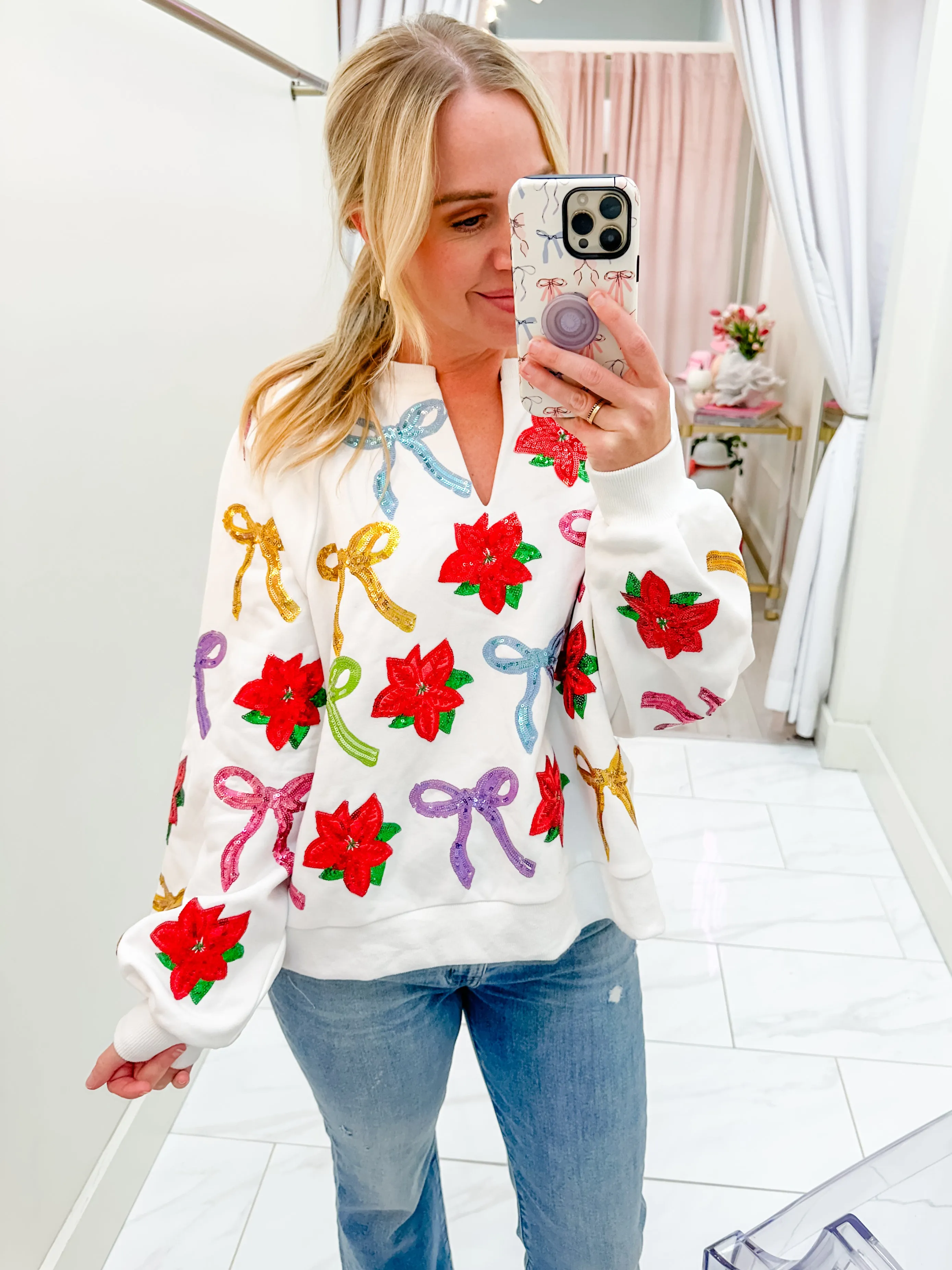 Sequin Bows & Poinsettia Sweatshirt sold by Mimosa product image thumbnail 5