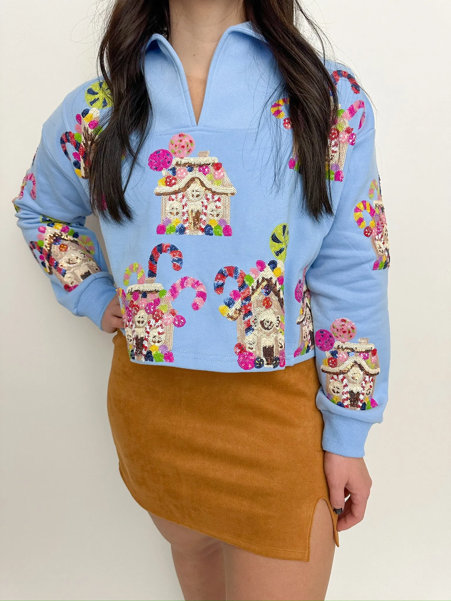 Sequin Gingerbread Houses Collar Sweatshirt sold by Mimosa product image thumbnail 3