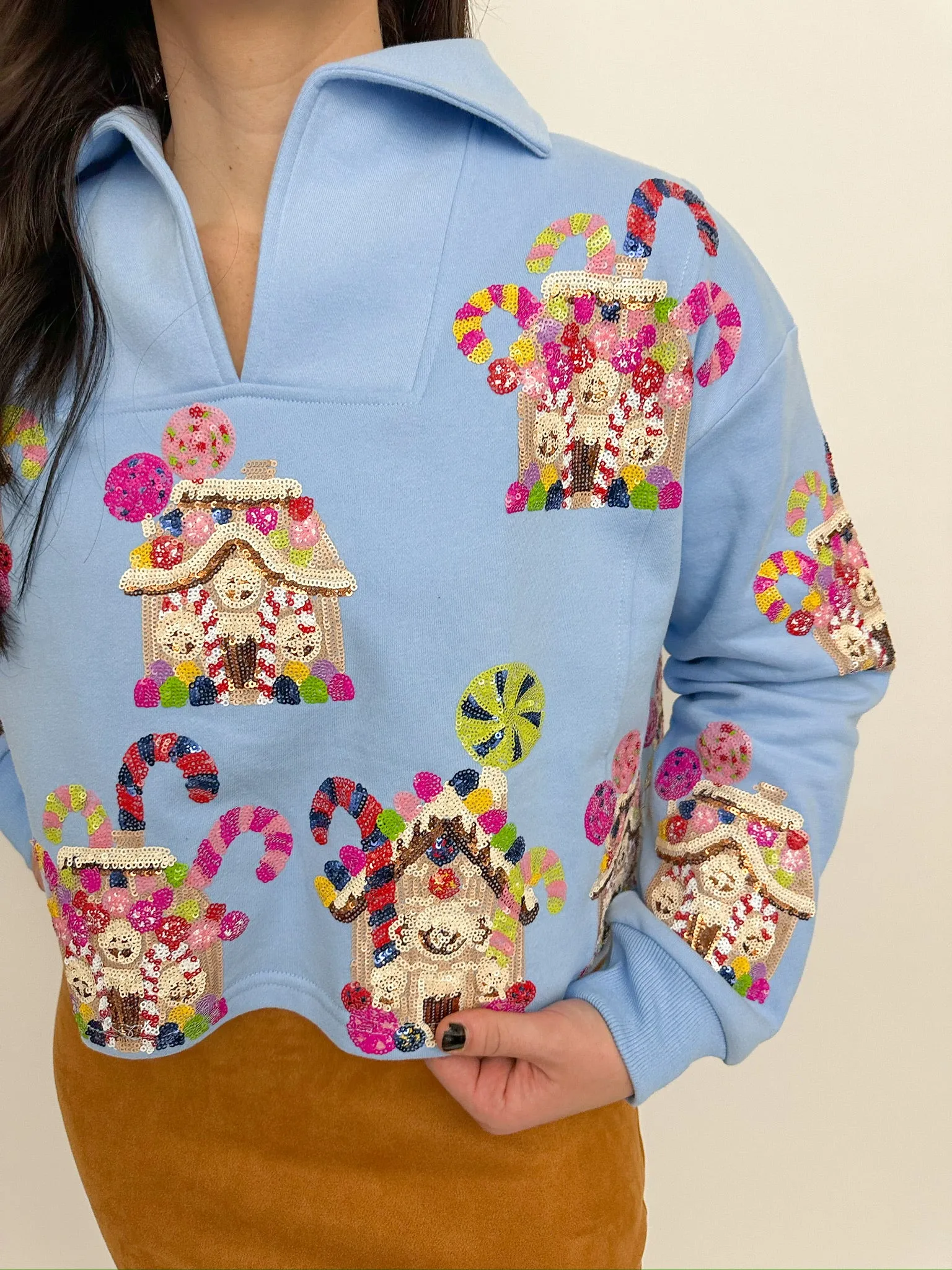 Sequin Gingerbread Houses Collar Sweatshirt sold by Mimosa product image thumbnail 2