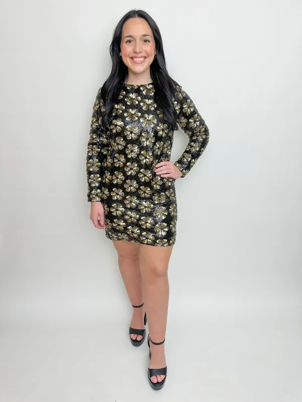 Maddison Mini Dress Flower Pop Gold Sequins sold by Mimosa