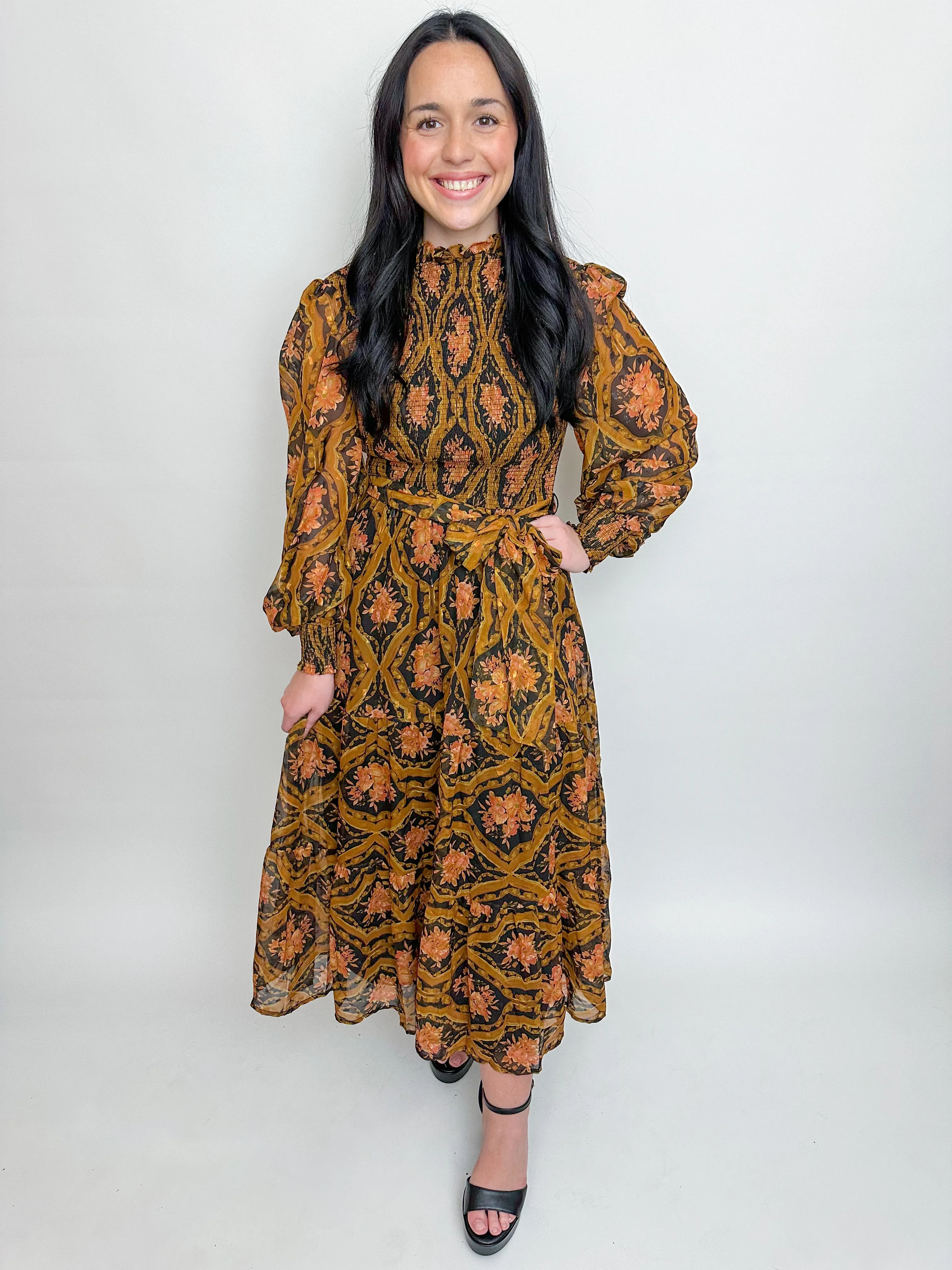 Ornate Framed Floral Midi Dress sold by Mimosa