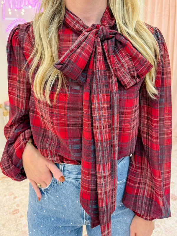 Priscilla Plaid Tie Neck Blouse sold by Mimosa