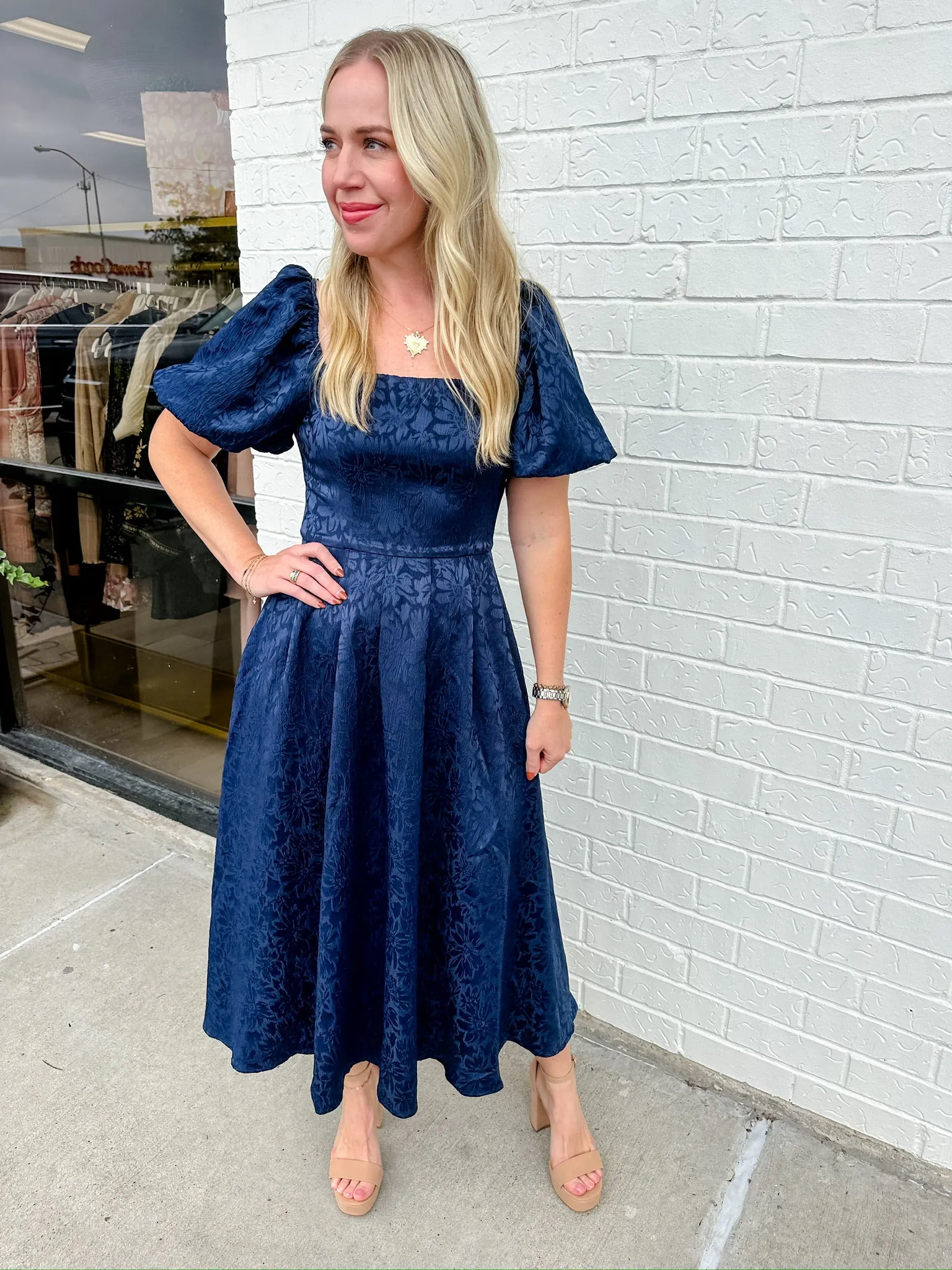 Midnight Jacquard Floral Midi Dress sold by Mimosa