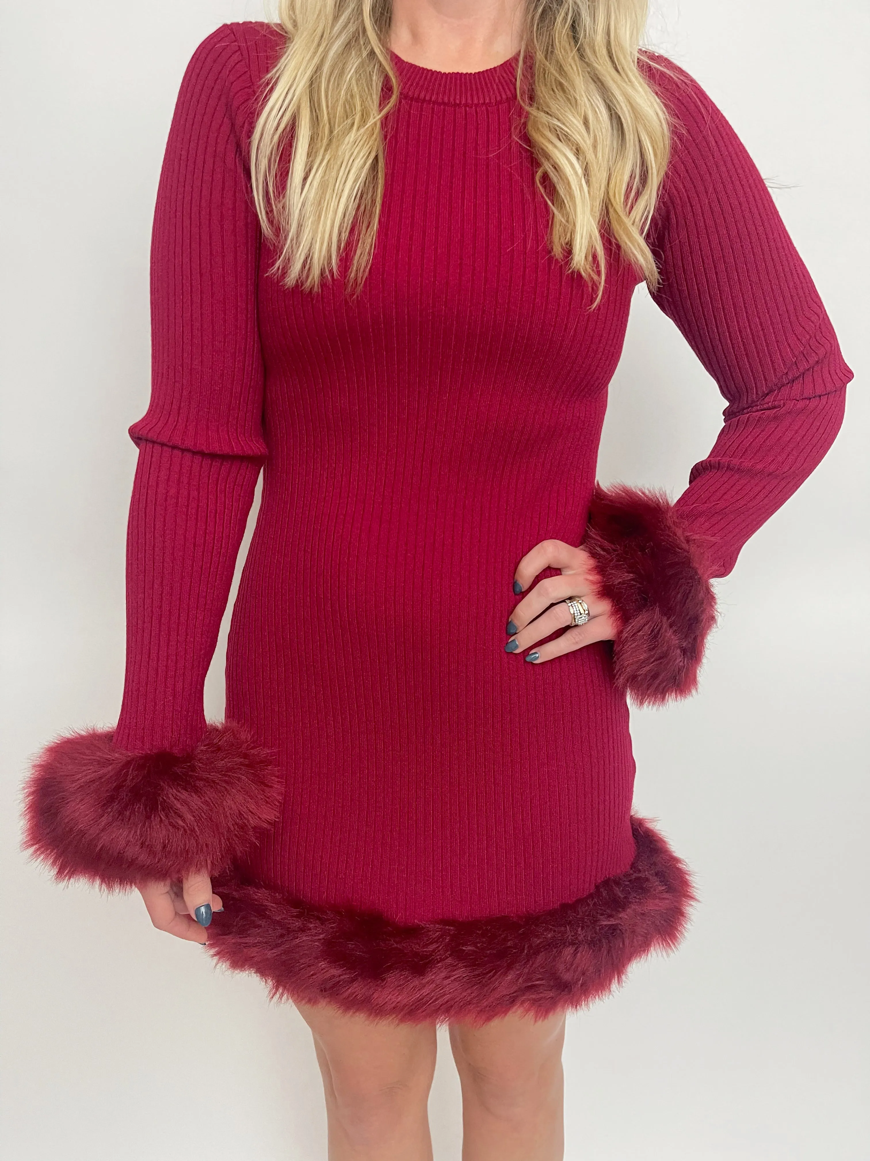 Fran Mini Dress Cranberry Rib w/ Faux Fur sold by Mimosa product image thumbnail 2