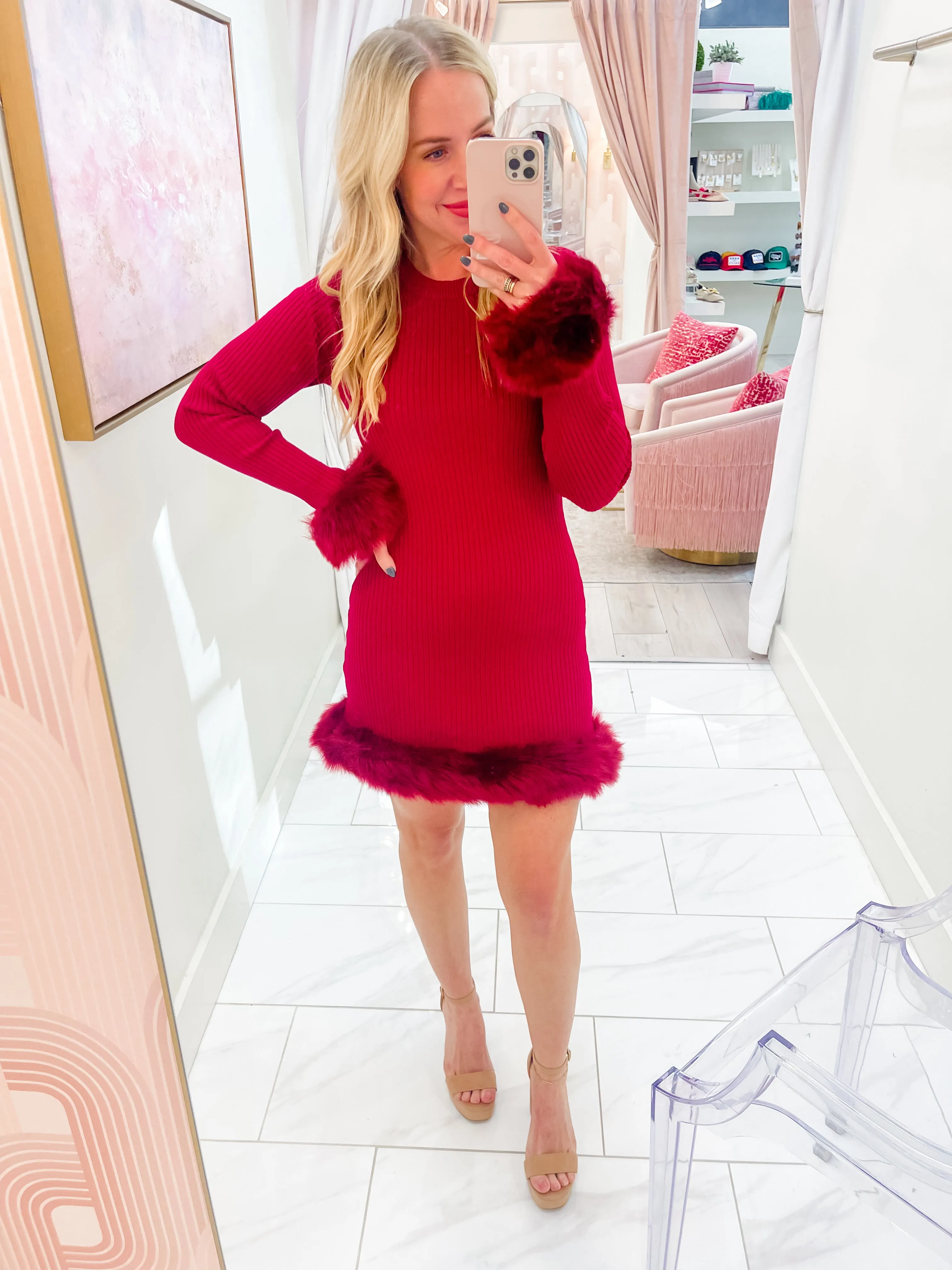 Fran Mini Dress Cranberry Rib w/ Faux Fur sold by Mimosa product image thumbnail 3