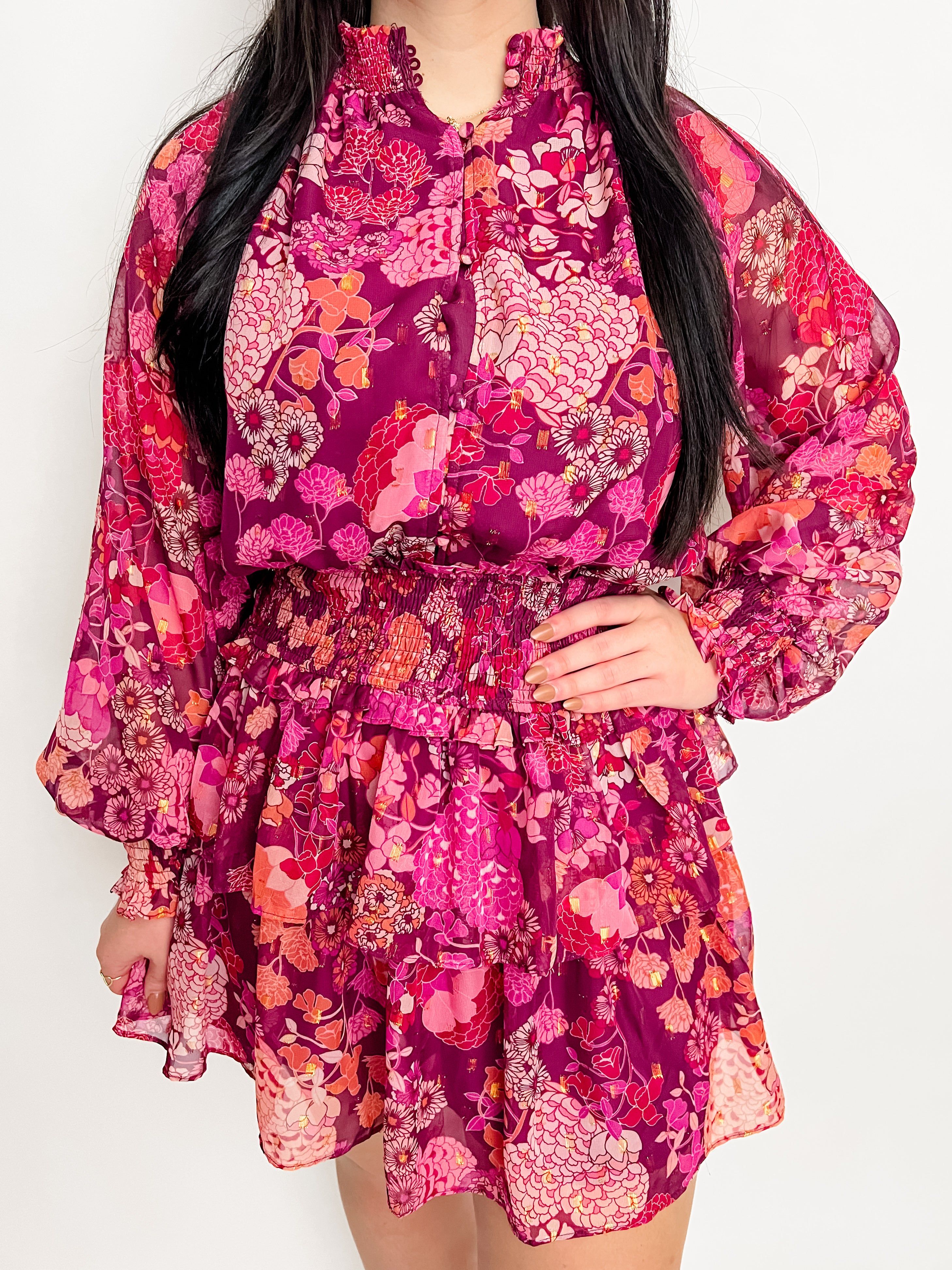 Cranberry Floral Smock Waist Dress sold by Mimosa product image thumbnail 2