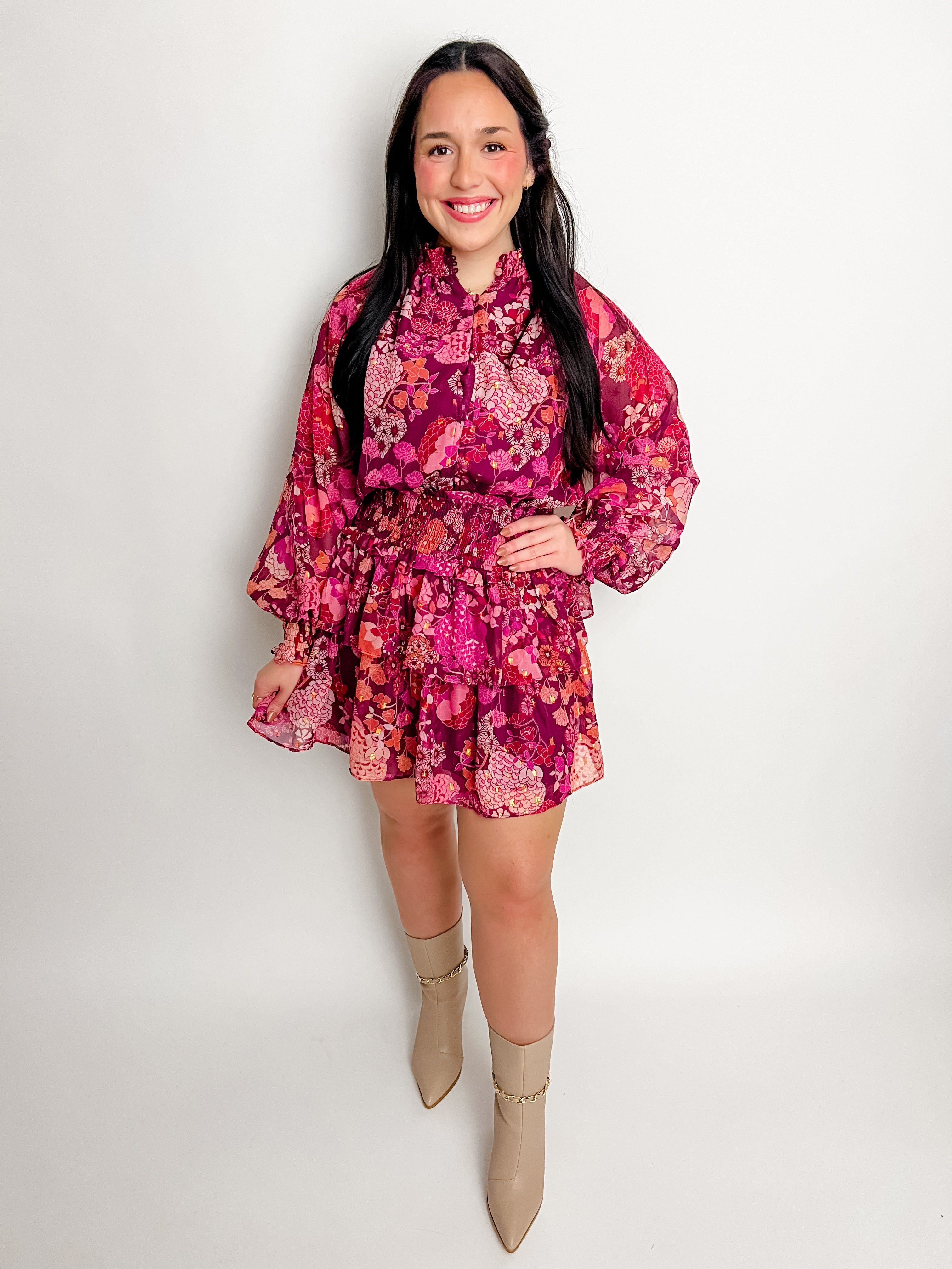 Cranberry Floral Smock Waist Dress sold by Mimosa