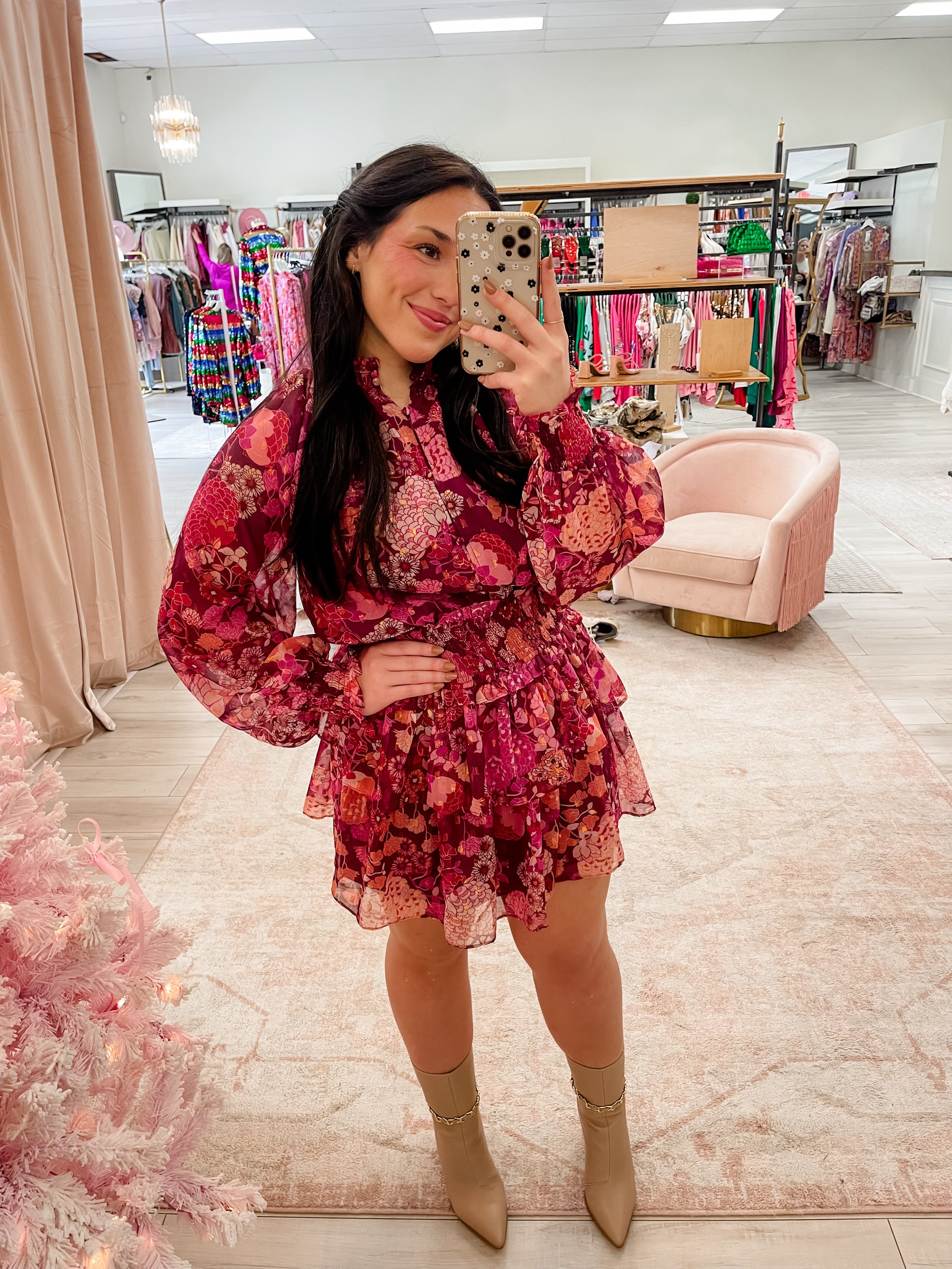 Cranberry Floral Smock Waist Dress sold by Mimosa product image thumbnail 3