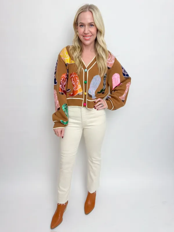 Multi Sequin Cowboy Boot Cardigan sold by Mimosa