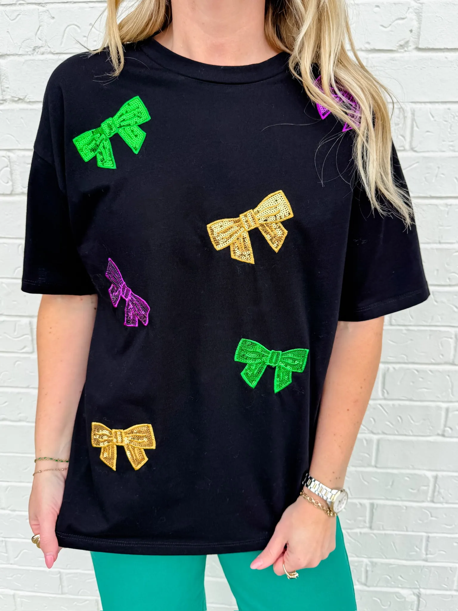 Mardi Gras Sequin Bow Tee sold by Mimosa product image thumbnail 3
