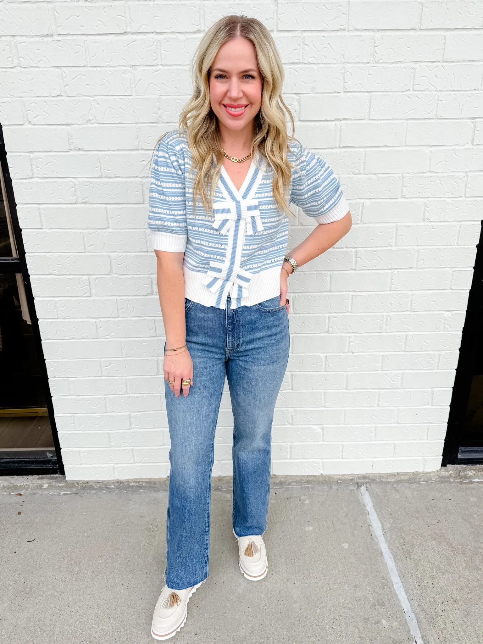 Stripe Bow Front Sweater Cardi sold by Mimosa