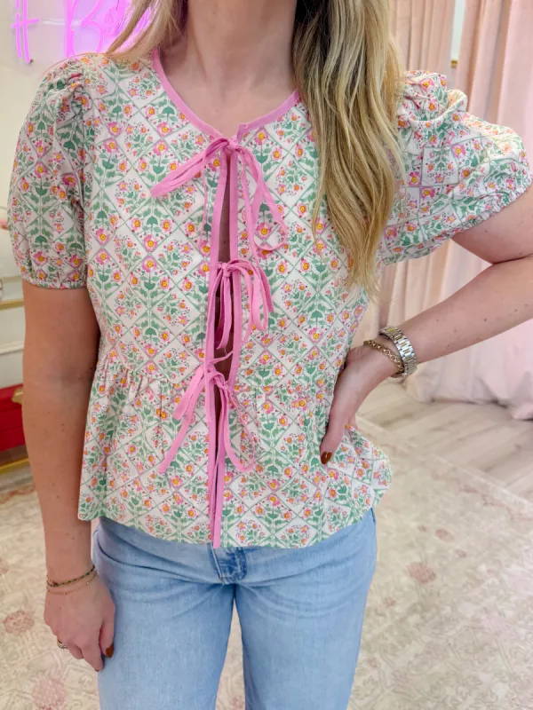 Wake Up Floral Tie Front Blouse sold by Mimosa