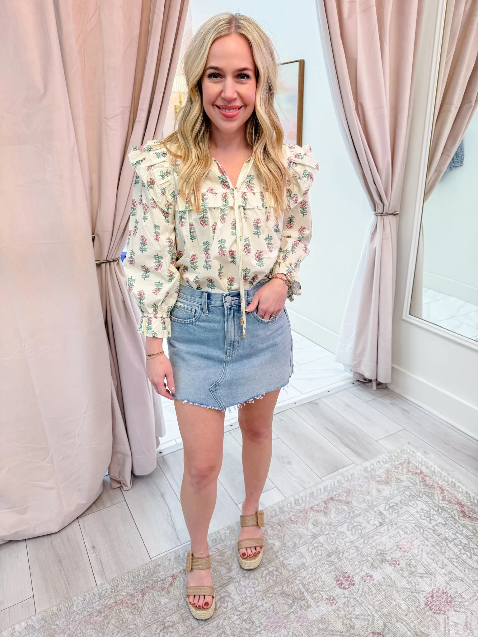 Reaching Floral Ruffle Blouse sold by Mimosa