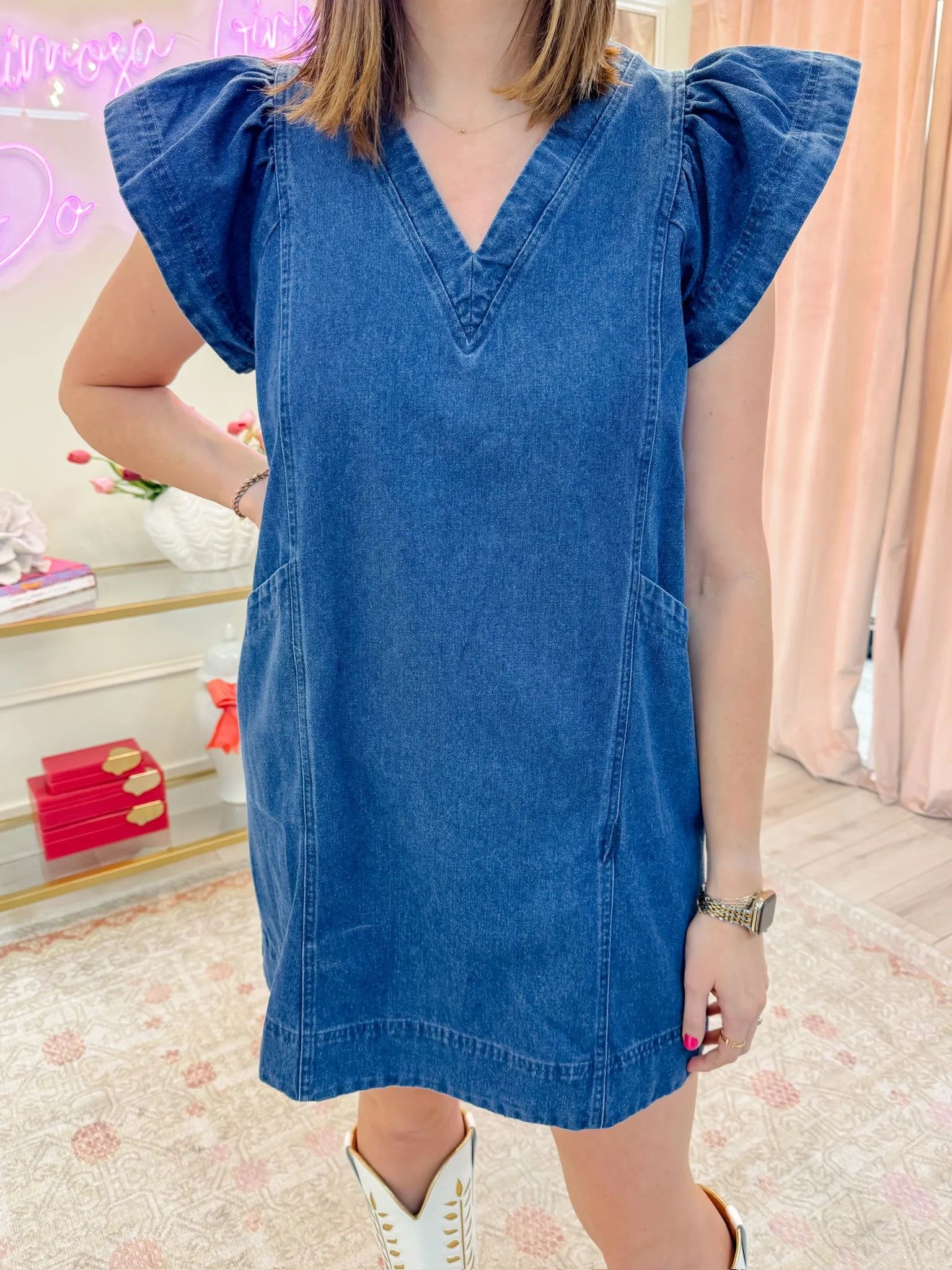 Riley Ruffle Sleeve Denim Mini Dress sold by Mimosa product image thumbnail 4