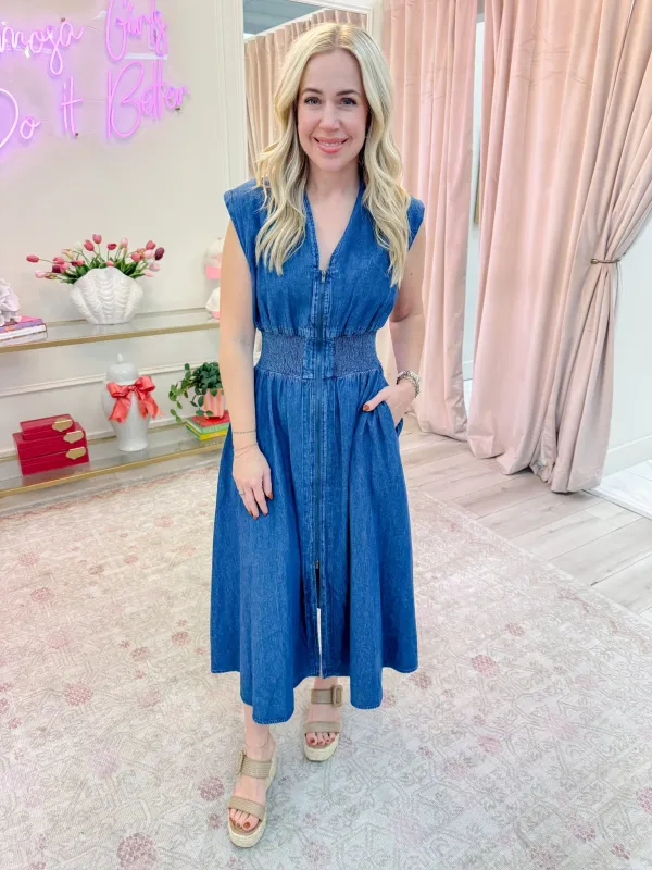 Denim Zip Front Midi Dress made by entro