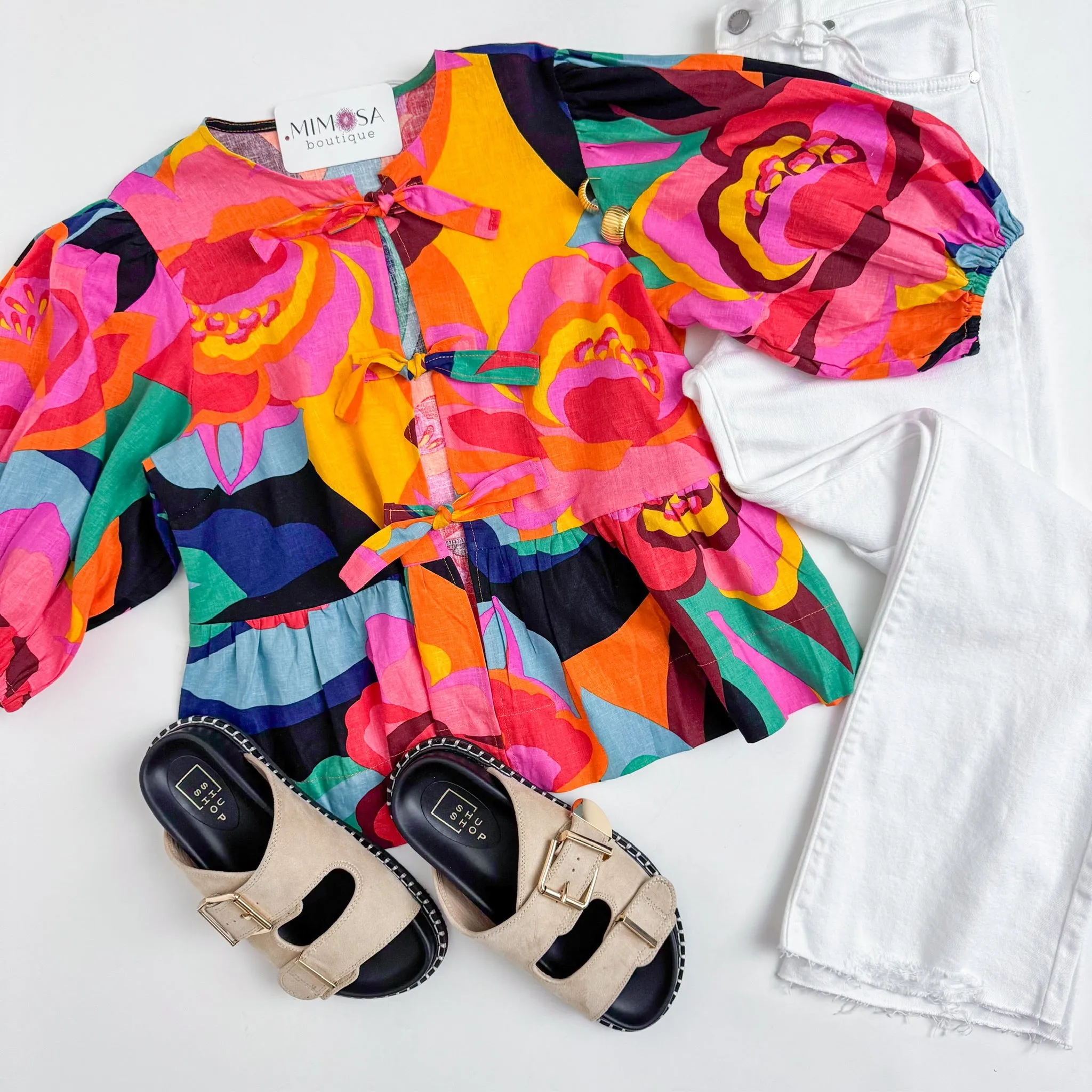 Tropical Linen Tie Front Blouse sold by Mimosa