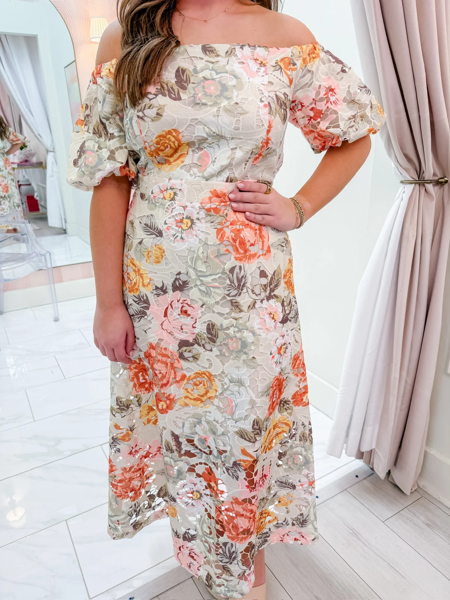 Crochet Lace off Shoulder Midi Dress sold by Mimosa product image thumbnail 2