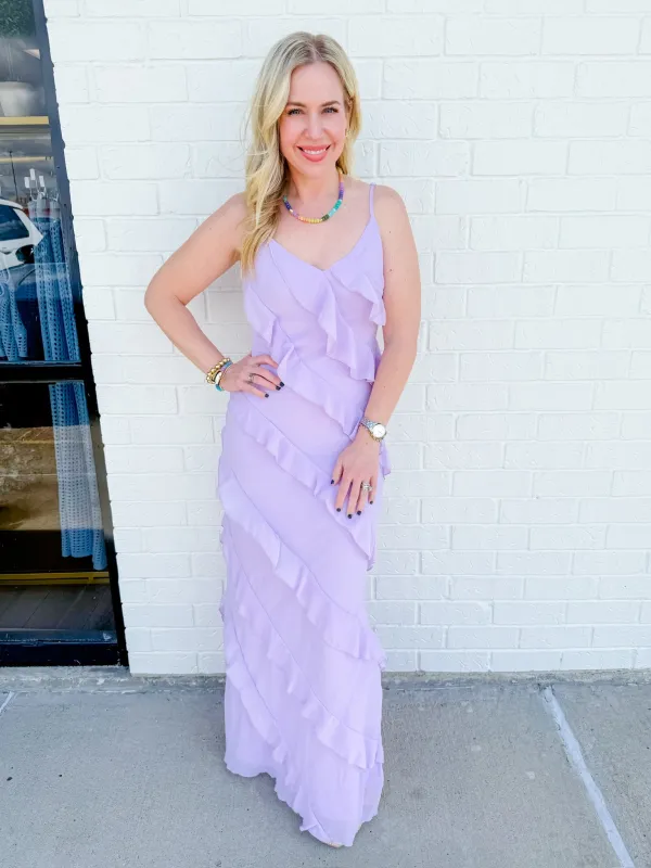 Laine Waterfall Ruffle Maxi Dress sold by Mimosa