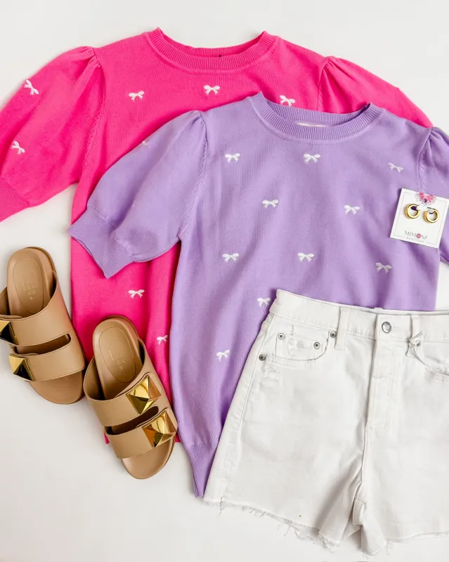 Bow Embroidered Puff Sleeve Top sold by Mimosa