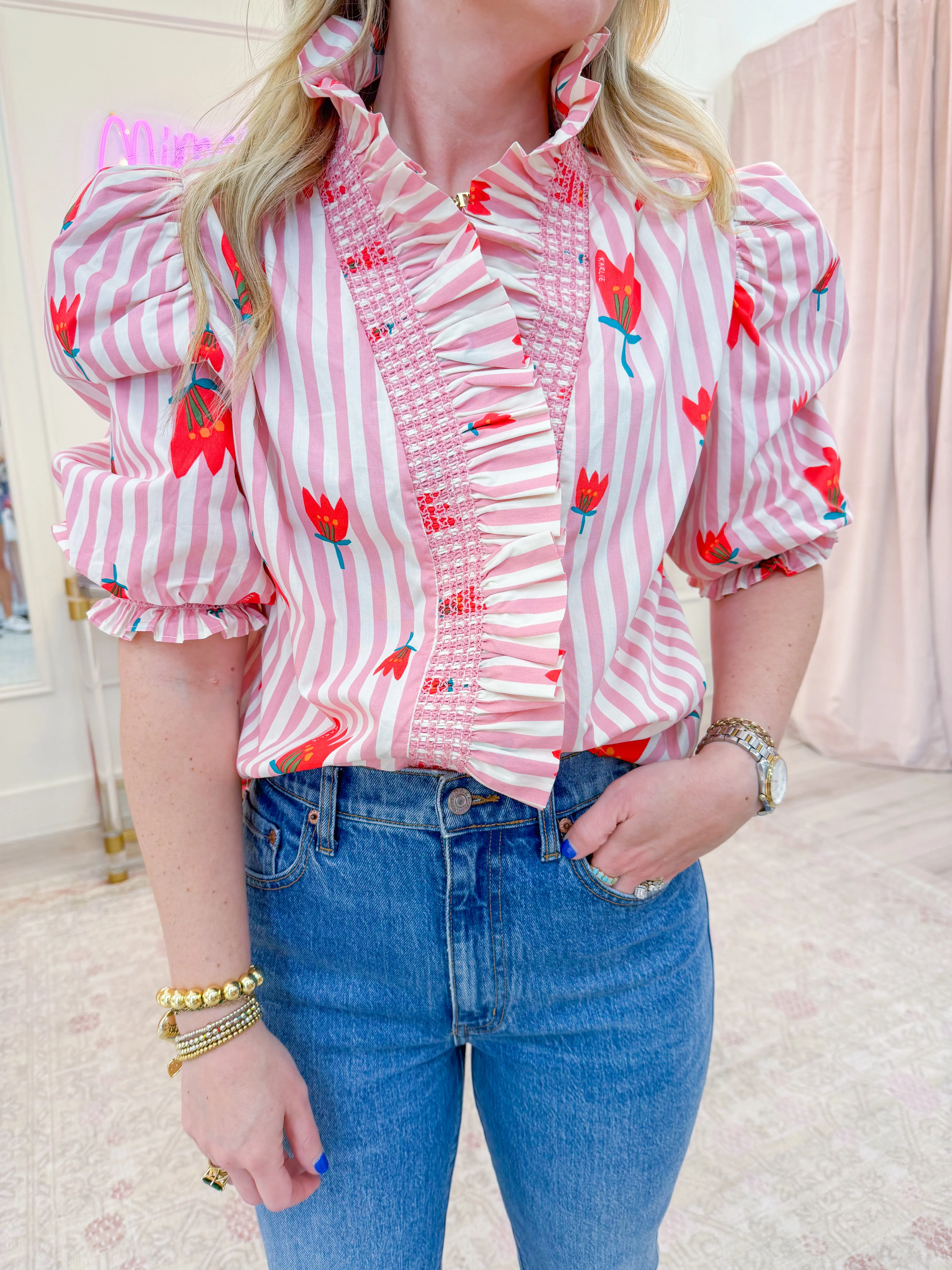 Stripe Poppy Ruffle Button Up sold by Mimosa