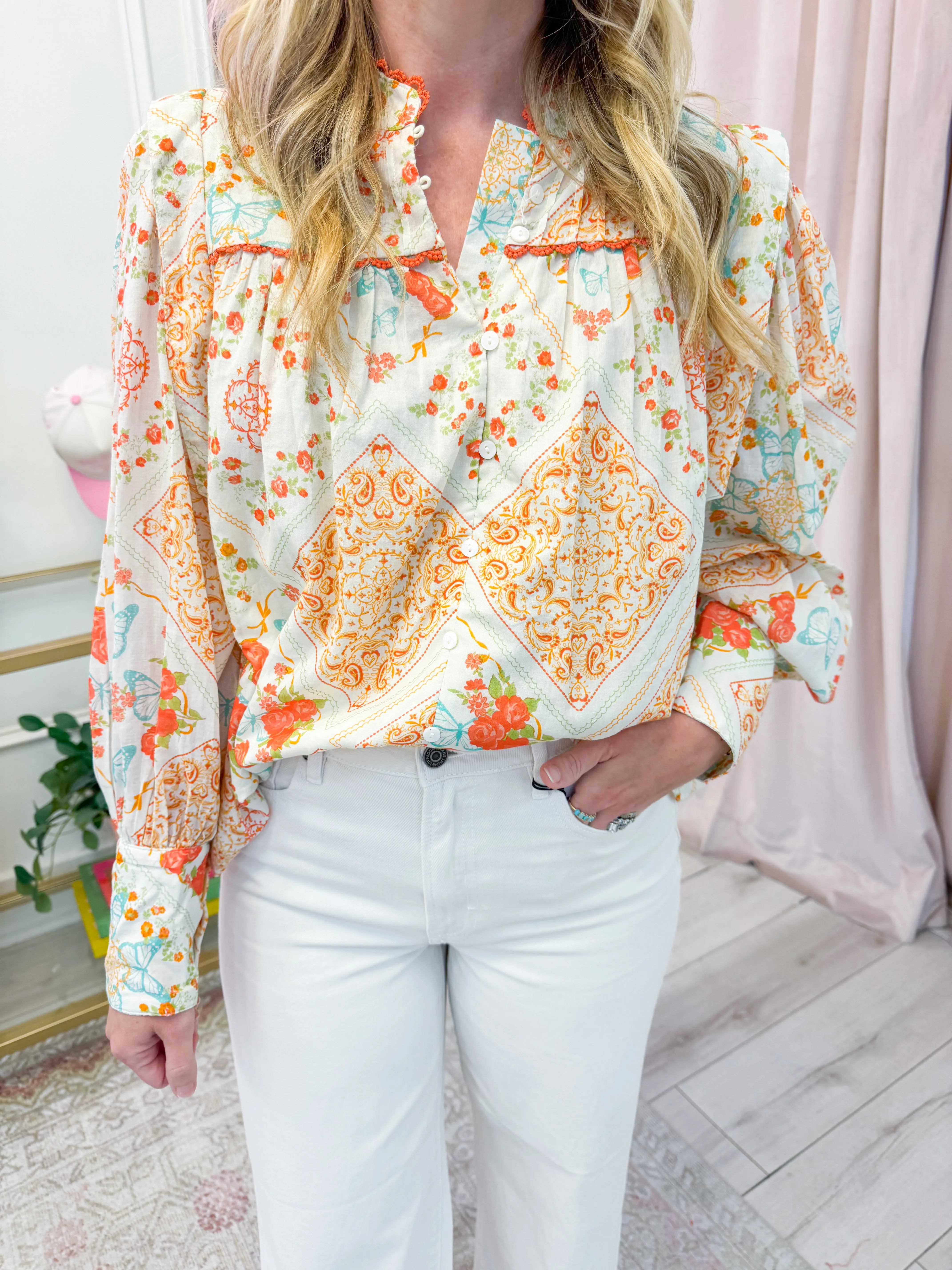 Butterfly Garden Button Up Blouse sold by Mimosa