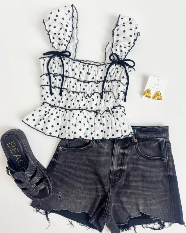 Lucy Polka Dot Ruffled Tank sold by Mimosa