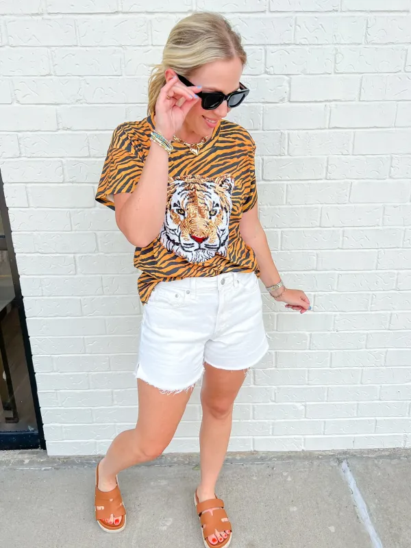 Sequin Tiger Head On Tiger Print Tee sold by Mimosa