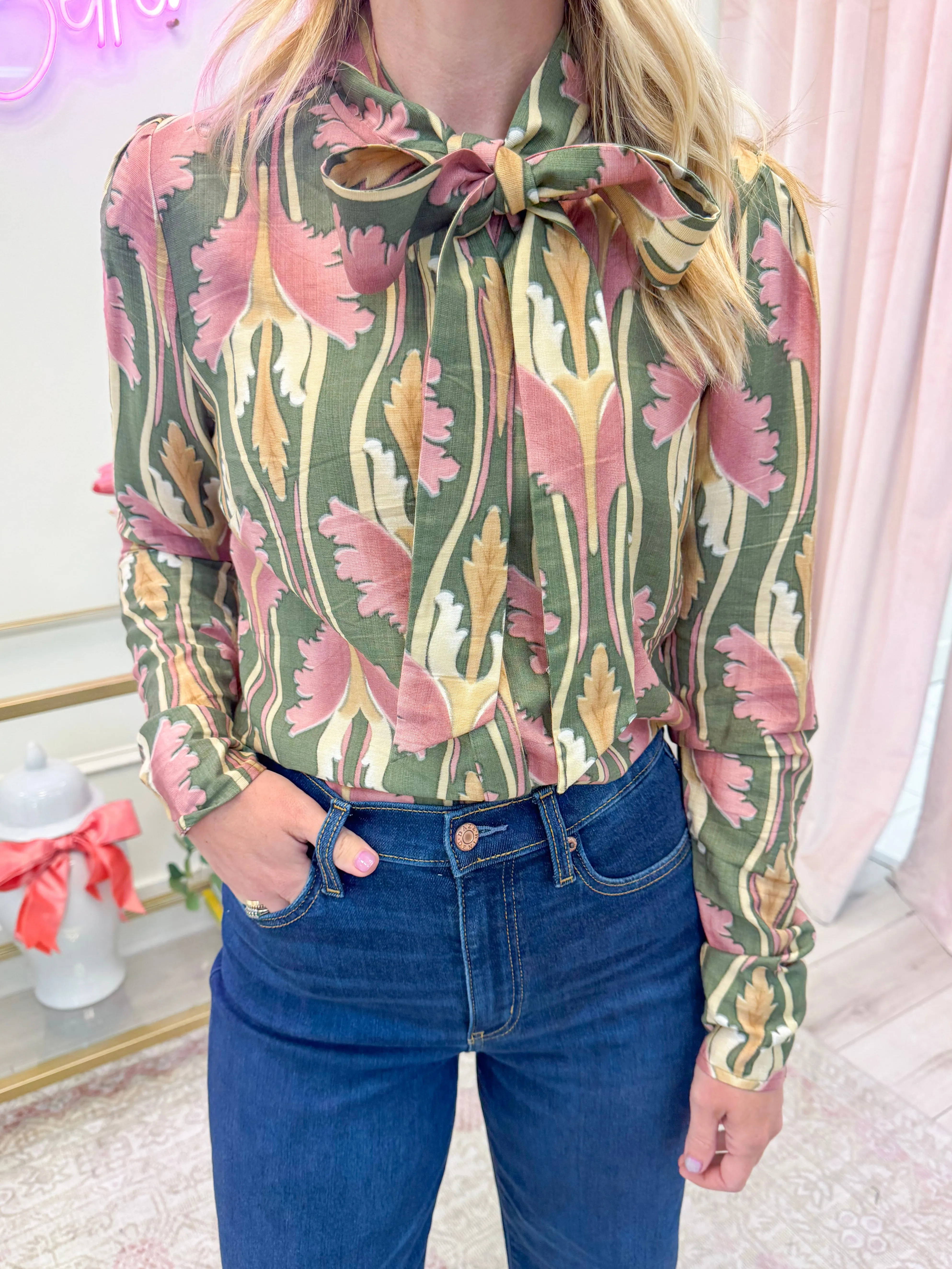 Paris Floral Tie Neck Blouse sold by Mimosa