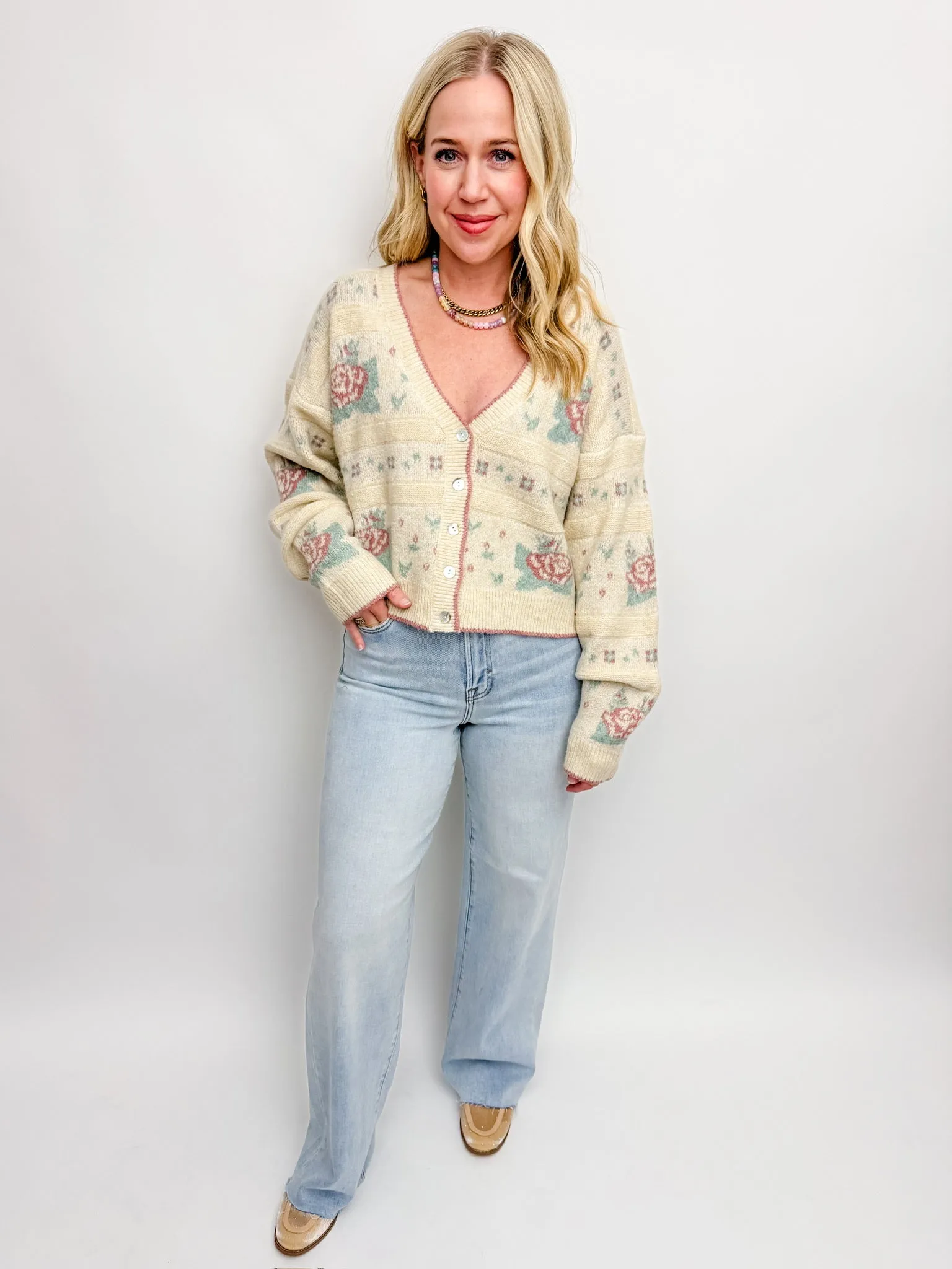 Frosted Floral Cardigan Sweater sold by Mimosa